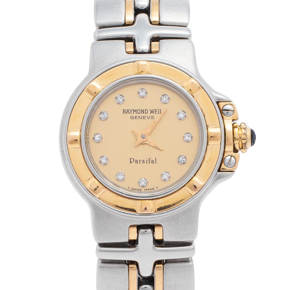 Contemporary Raymond Weil Champagne Diamonds 18k Gold Parsifal 9690 Women's Wristwatch 23 mm
