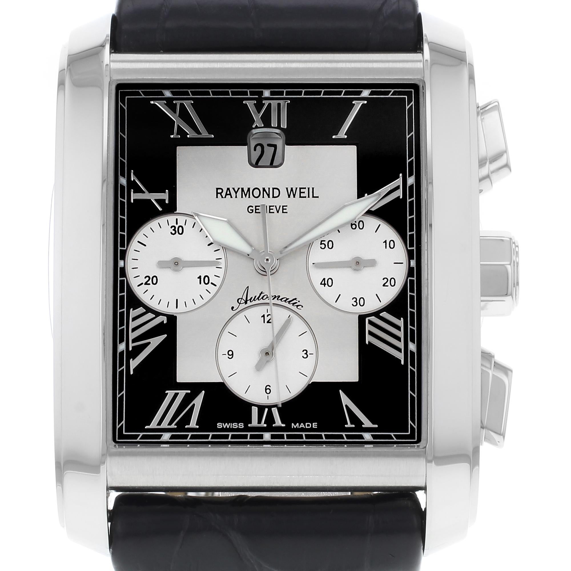 This display model Raymond Weil Don Giovanni 4878-STC-00668 is a beautiful men's timepiece that is powered by an automatic movement which is cased in a stainless steel case. It has a square shape face, chronograph, date, small seconds subdial dial