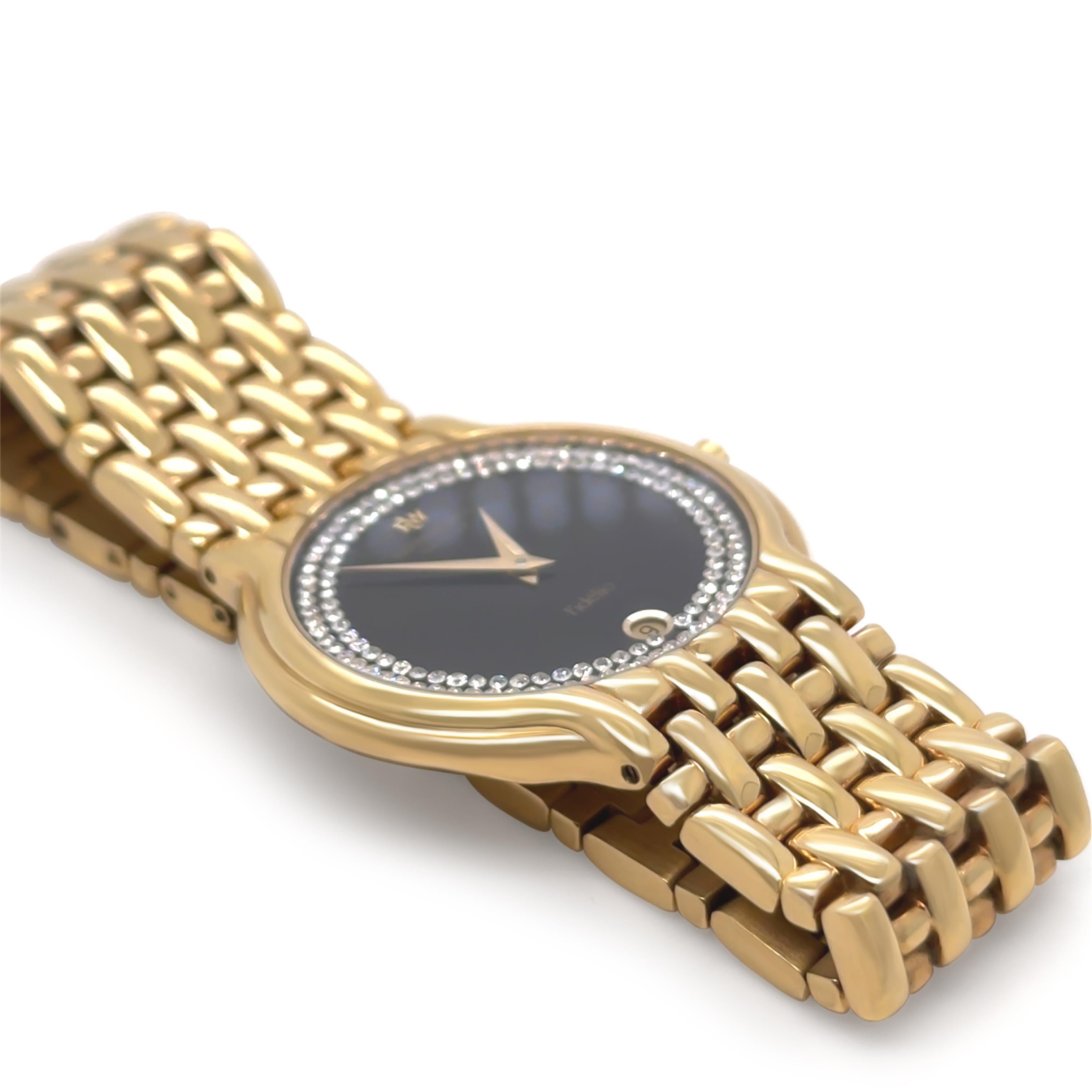 A refined and timeless piece from Raymond Weil, this Fidelio 4802 ladies watch features a sleek 22mm case plated in 18ct gold plated, paired with a striking black dial for classic contrast. Powered by its original Swiss ETA quartz movement, this