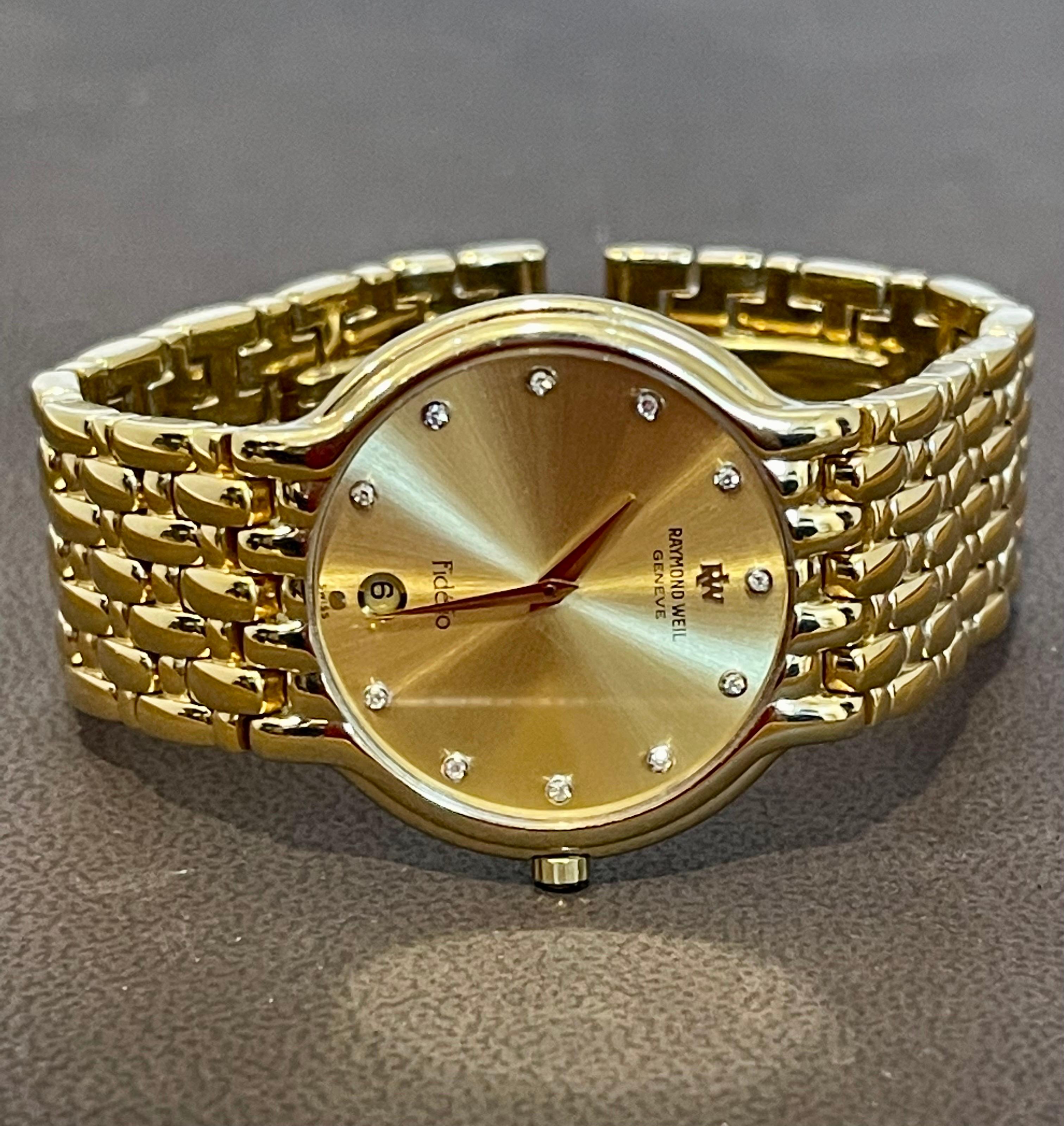 Raymond Weil Fidelio 18K Gold Electroplated Watch with Date and Diamonds at  1stDibs | raymond weil geneve 18k gold watch price, raymond weil gold watch  price, raymond weil 18k gold electroplated