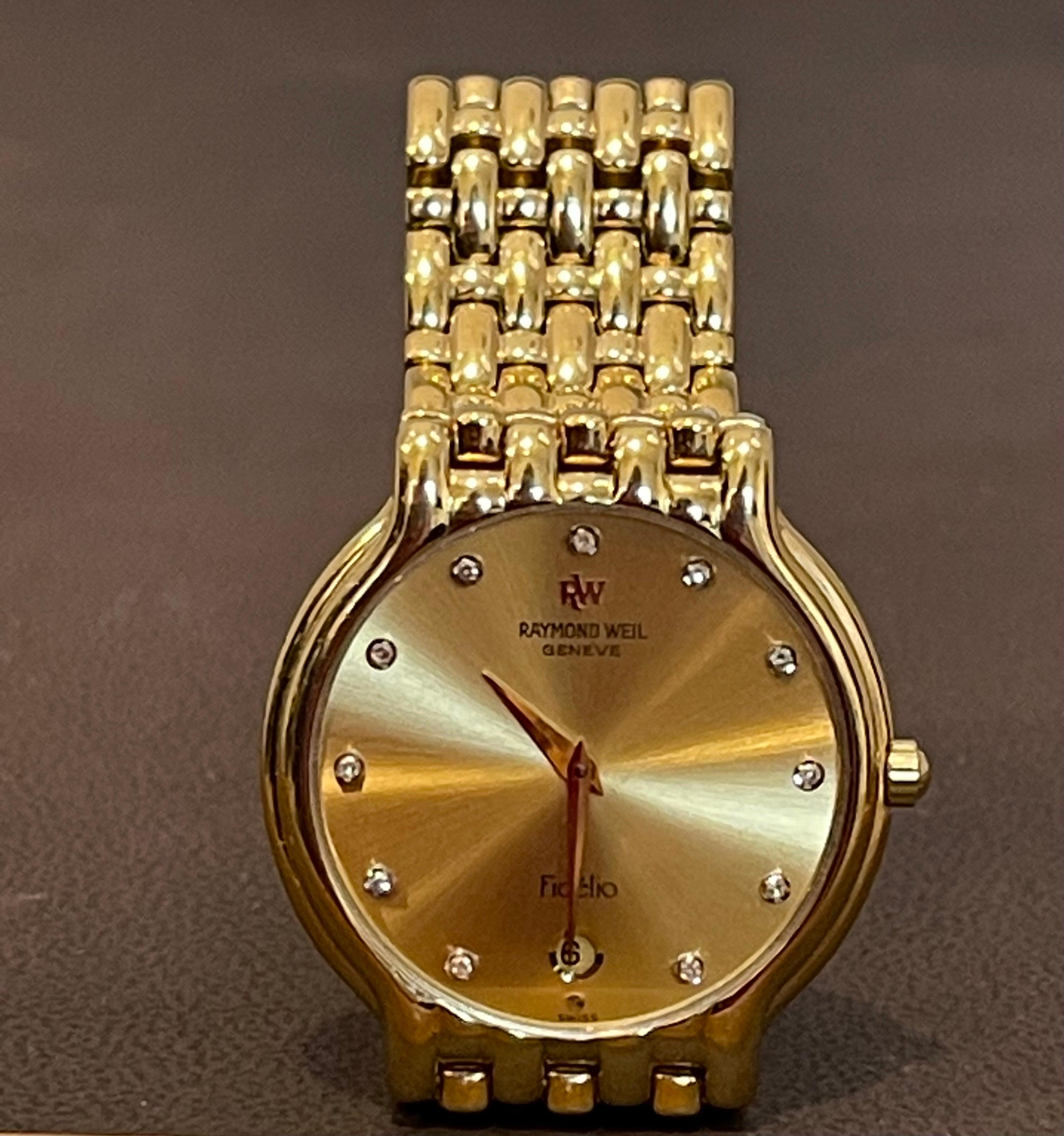 Raymond Weil Fidelio 18K Gold Electroplated Watch with Date & Diamonds In Excellent Condition In New York, NY