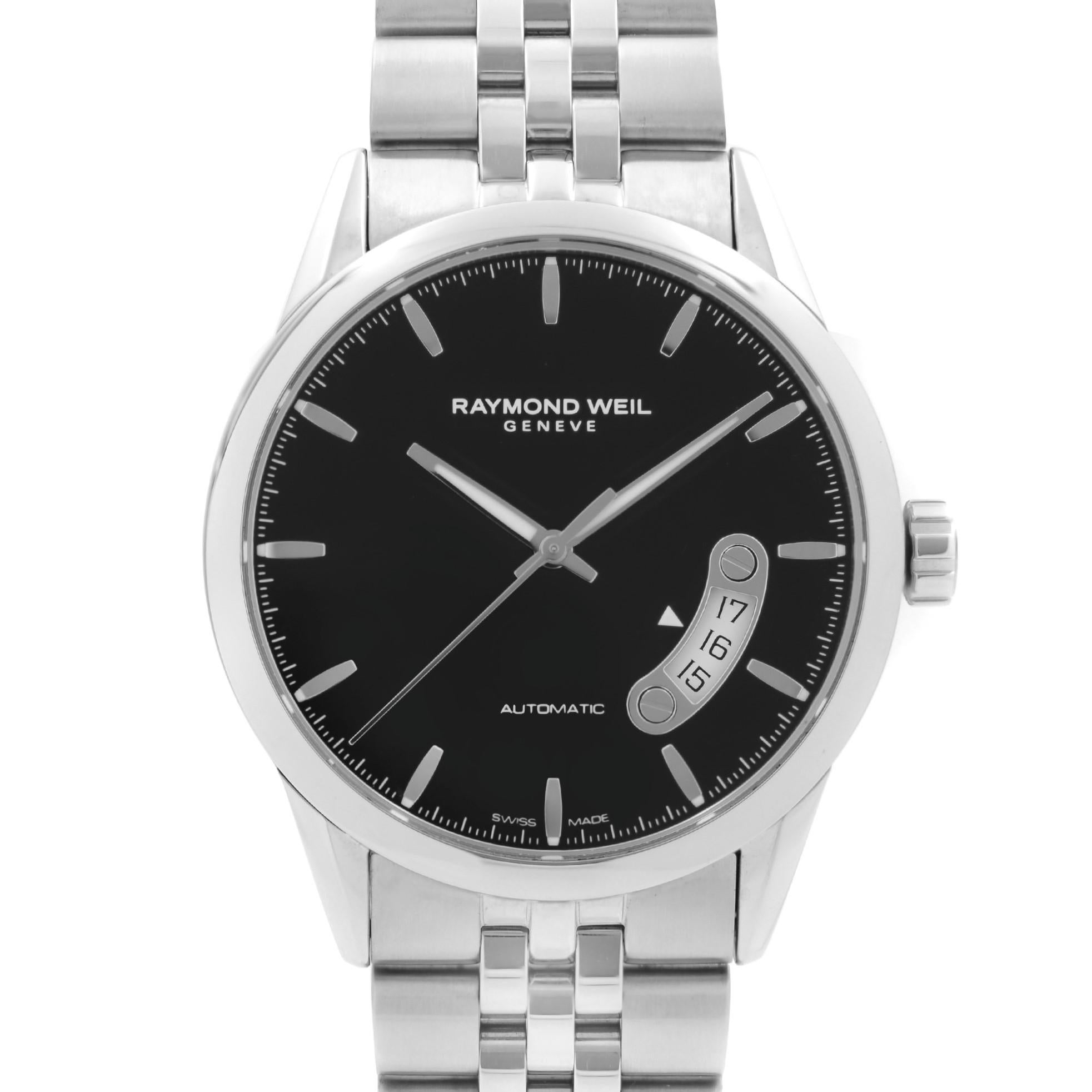 Display Model Raymond Weil Freelancer 38mm Steel Black Dial Automatic Men's Watch 2770-ST-20011. This Beautiful Timepiece Features: Stainless Steel Case and Bracelet, Fixed Stainless Steel Bezel, Black Dial with Luminous Silver-Tone Hands, And Index