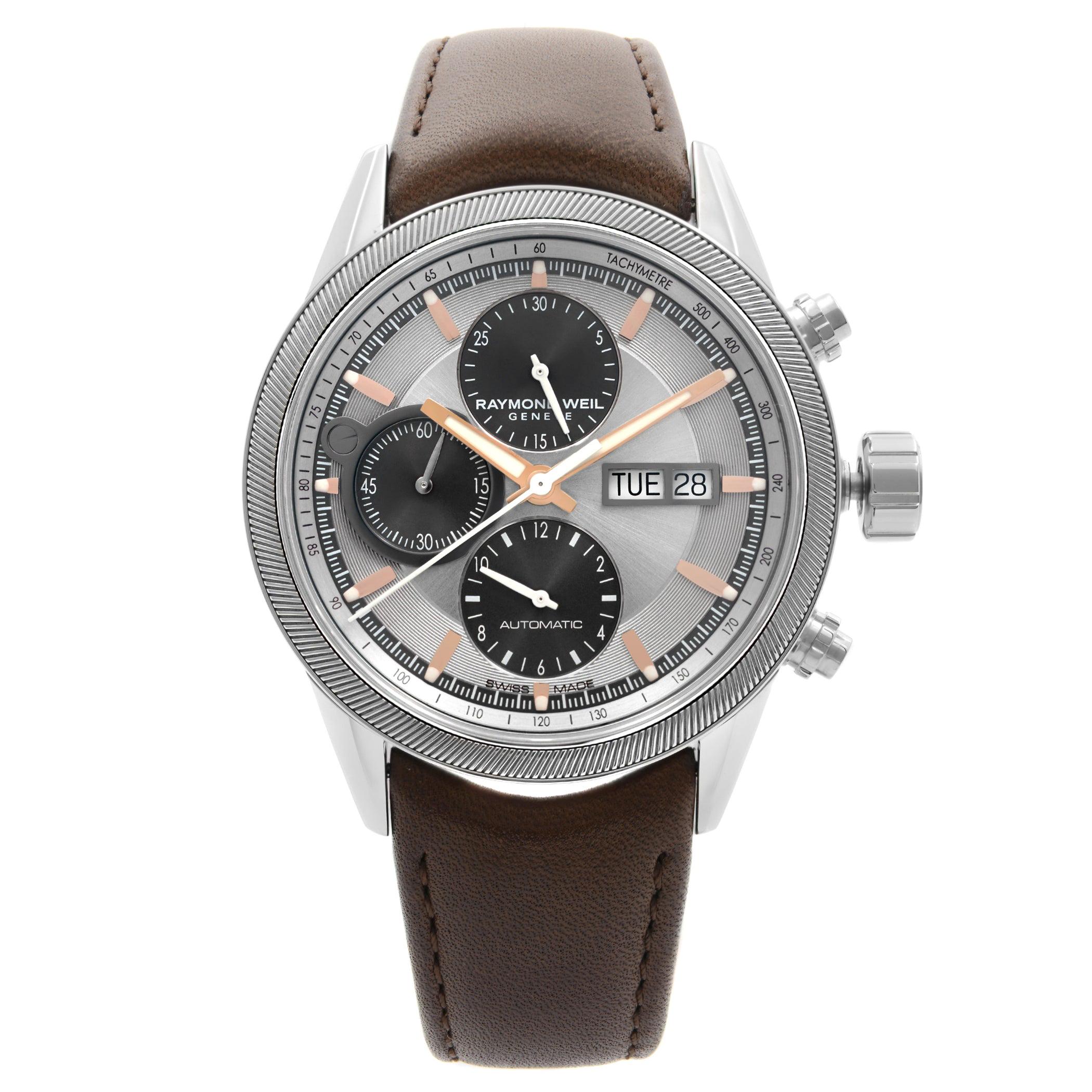 Raymond Weil Freelancer 42 Date Day Leather Steel Automatic Watch 7731-SC2-65655 For Sale