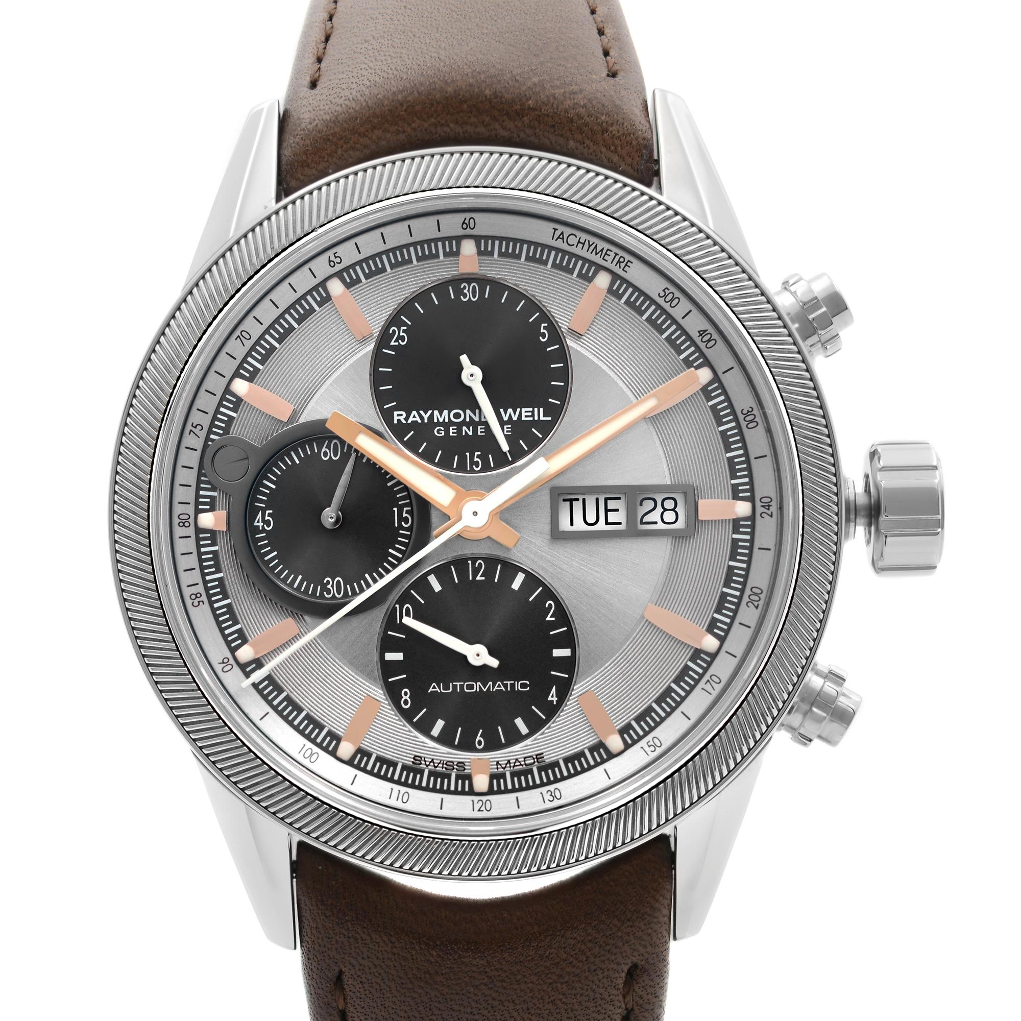 Store Display Model Band Can have minor blemishes during Display. Raymond Weil Freelancer 42 Steel Silver Dial Automatic Men's Watch 7731-SC2-65655. This Beautiful Timepiece Features: Stainless Steel Case with a Brown (Calfskin) Leather Strap, Fixed