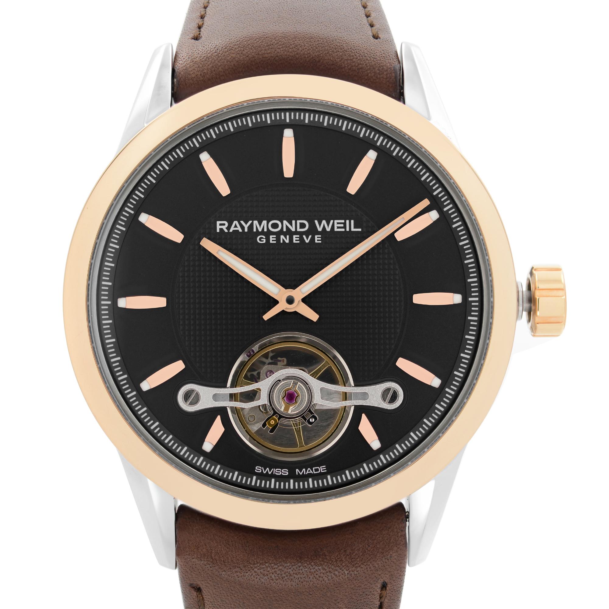 New with defects Never Worn Have minor dents and micro scratches on gold-tone parts. minor glue signs on the band.  Raymond Weil Freelancer 42.5mm Steel Brown Leather Black Openworked Index Dial Automatic Men's Classic Watch. The bezel of this watch