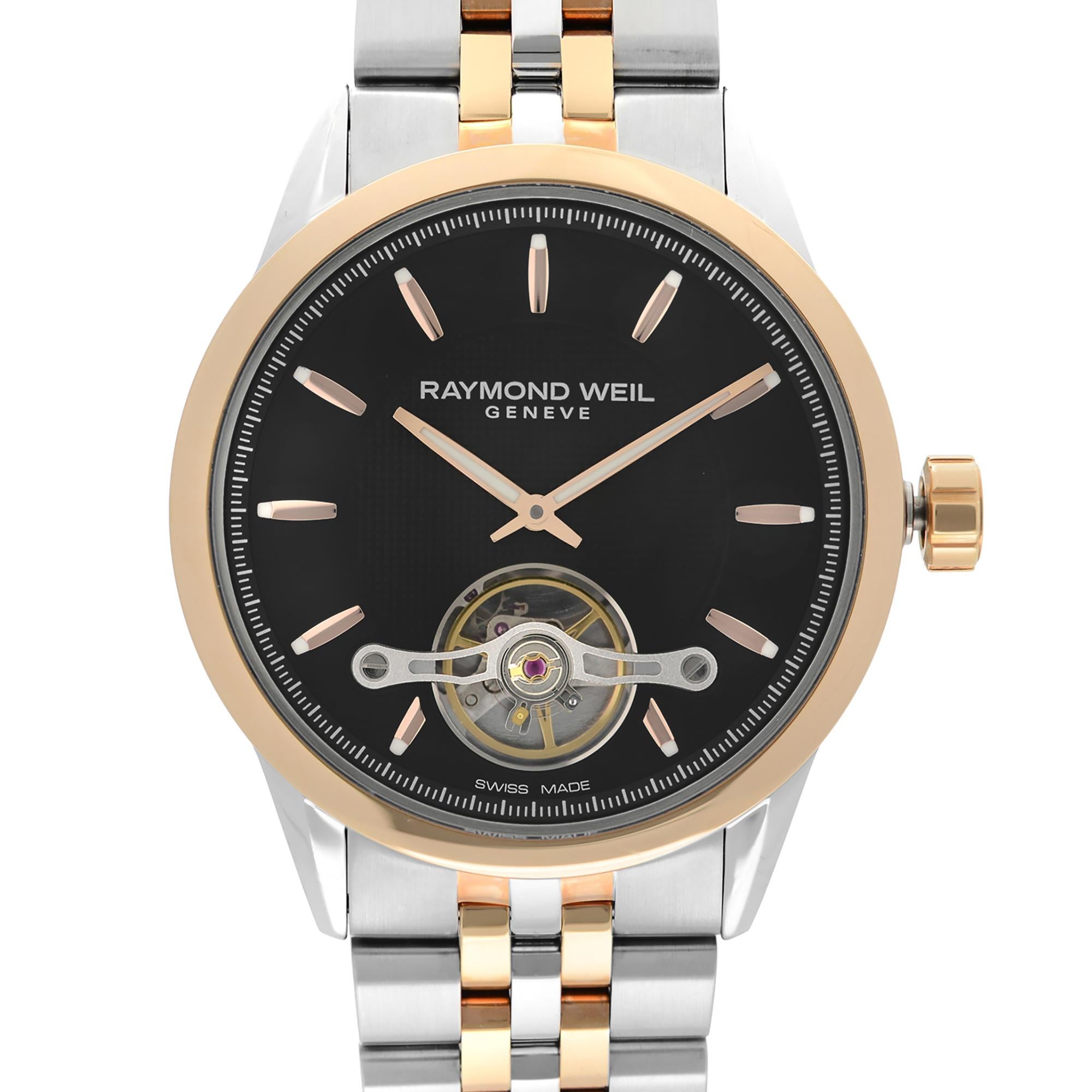 New Raymond Weil Freelancer 42.5mm Two-Tone Steel Black Openworked Index Dial Automatic Men's Watch. Manufacturer's box and papers are included. A 3-year warranty provided by Chronostore is included. 
Details:
MSRP 2200
Brand RAYMOND WEIL
Department