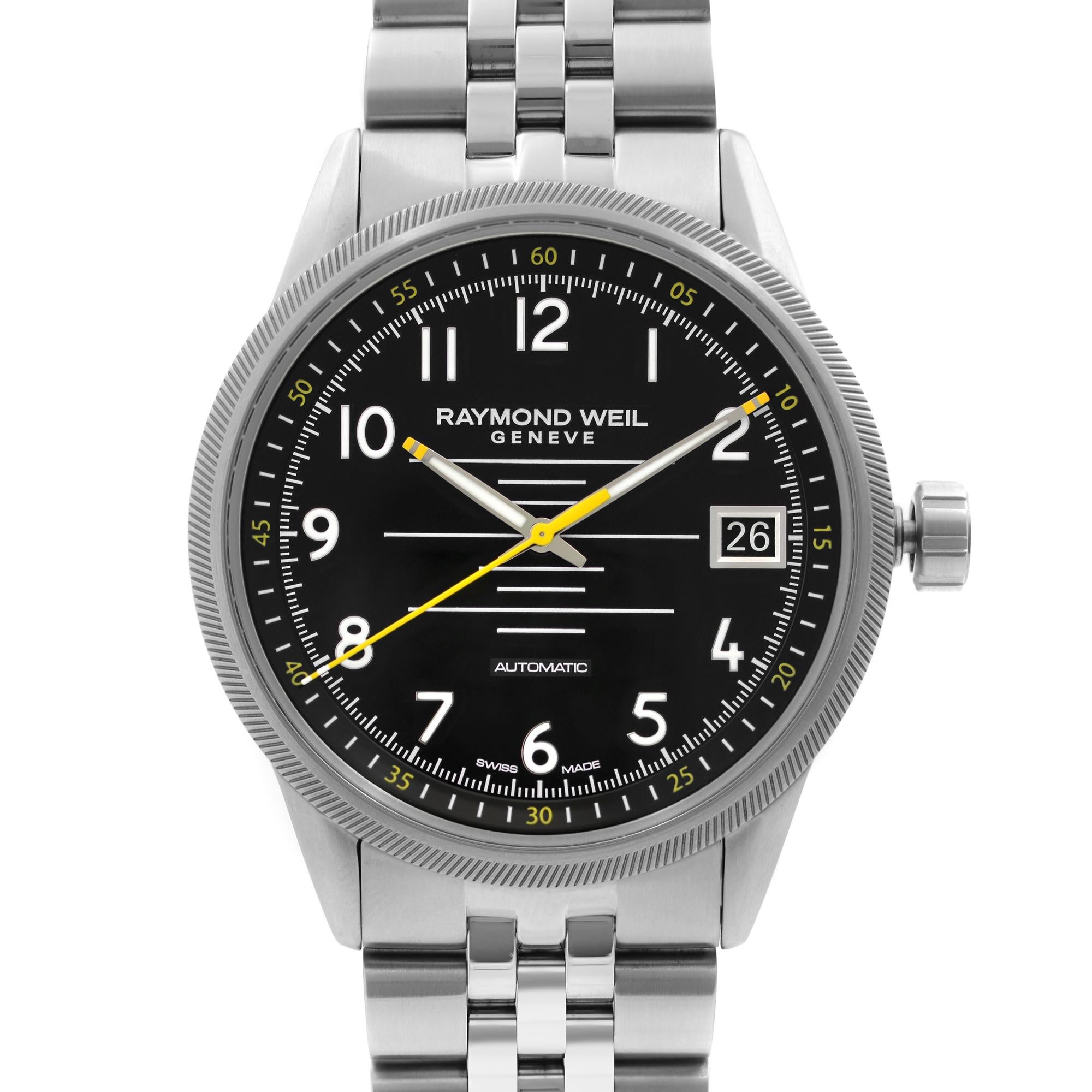 Never Worn Raymond Weil Freelancer 42mm Steel Black Dial Automatic Men's Watch 2754-ST-05200. This Beautiful Timepiece Features: Stainless Steel Case and Bracelet, Fixed Stainless Steel Bezel, Black Dial with Silver-Tone Hands, And Arabic Numeral
