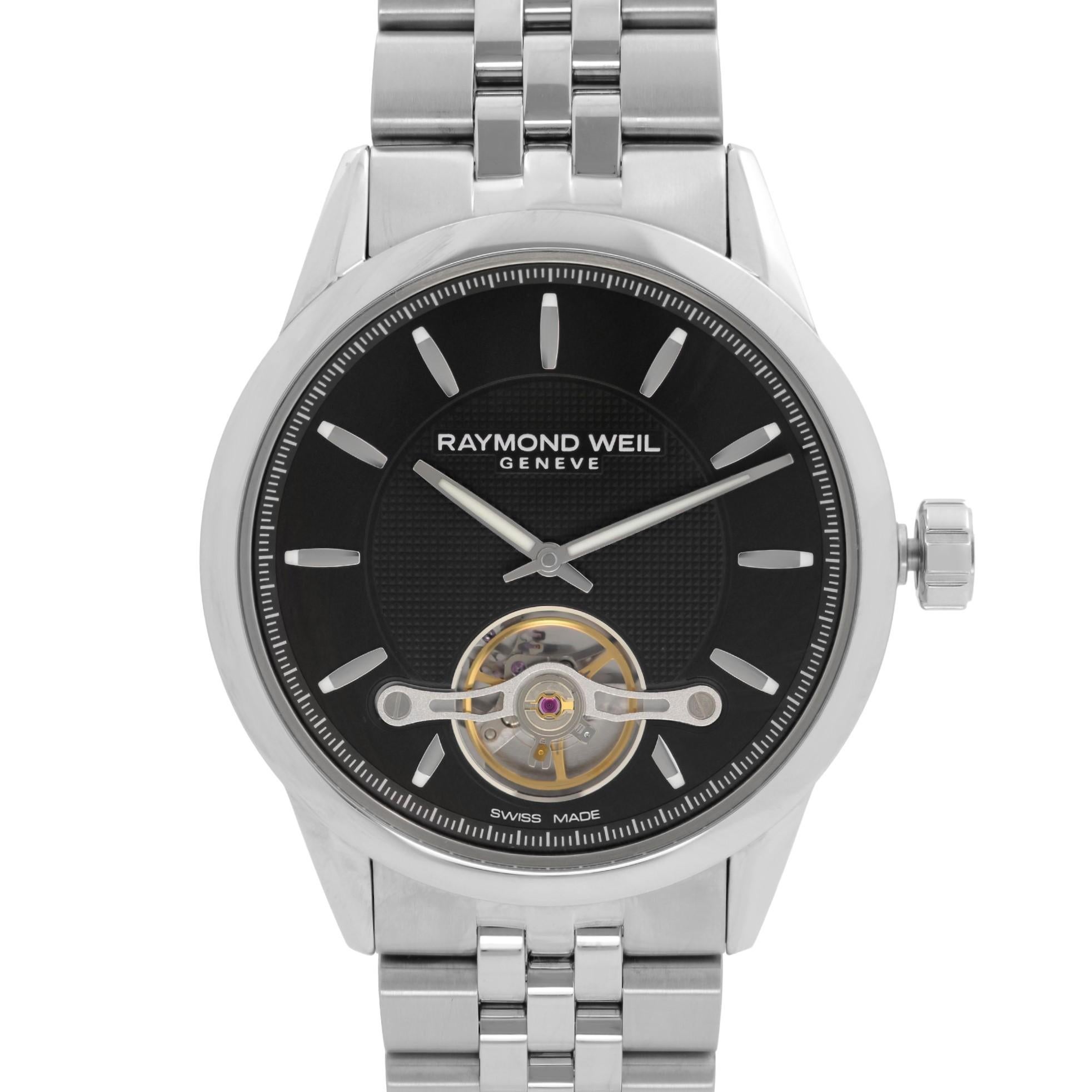 Never Worn Raymond Weil Freelancer 42mm Steel Black Dial Automatic Men's Watch 2780-ST-20001. This Beautiful Timepiece Features: Stainless Steel Case and Bracelet, Fixed Stainless Steel Bezel, Black Dial (with an Open Balance Wheel Window) with