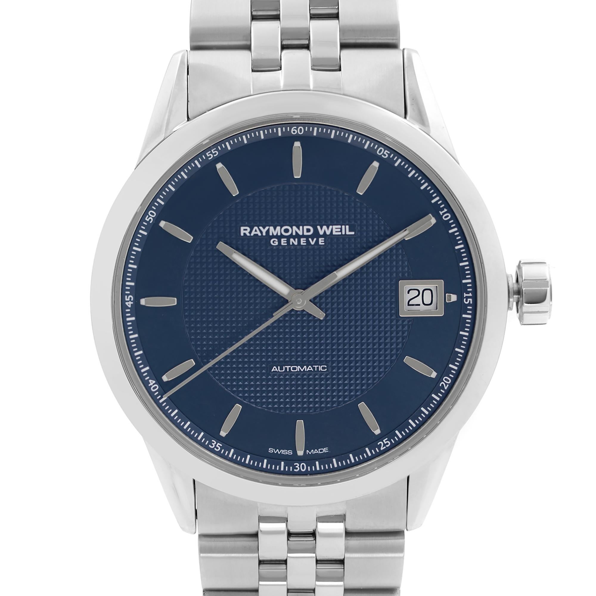 Never worn Raymond Weil Freelancer 42mm Steel Blue Dial Automatic Men's Watch 2740-ST-50021. This Beautiful Timepiece Features: Stainless Steel Case and Bracelet, Fixed Stainless Steel Bezel, Blue Dial with Luminous Silver-Tone Hands, And Index Hour
