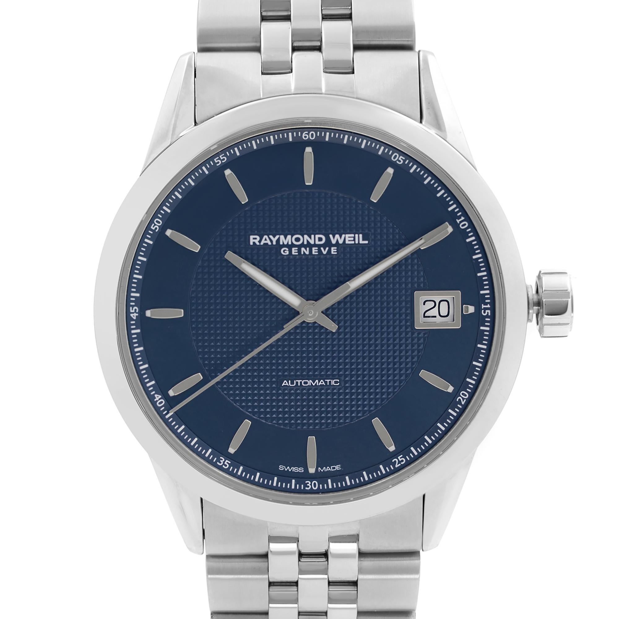 Unworn. Original Box and Papers are Included. Covered by 1-year Chronostore Warranty.

Details:
MSRP 1995
Brand RAYMOND WEIL
Department Men
Model Number 2740-ST-50021
Country/Region of Manufacture Switzerland
Model Raymond Weil Freelancer
Style