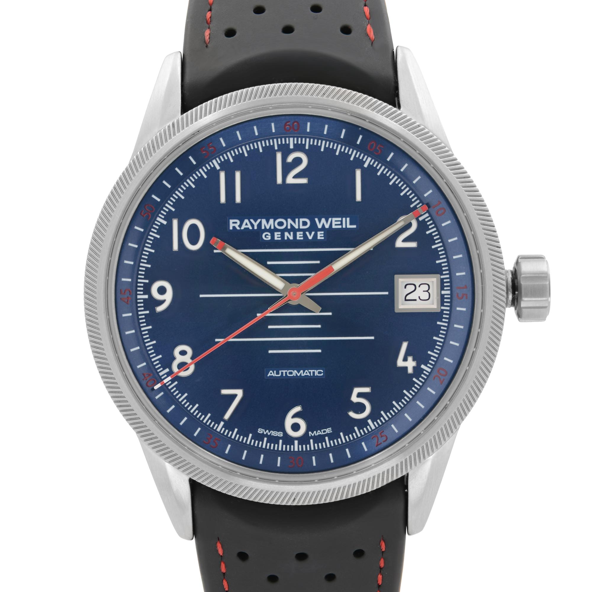 Never Worn Raymond Weil Freelancer 42mm Steel Blue Dial Automatic Men's Watch 2754-SR-05500. This Beautiful Timepiece Features: Stainless Steel Case with a Black Rubber Strap with Red Stitching, Fixed Stainless Steel Bezel, Blue Dial with Luminous