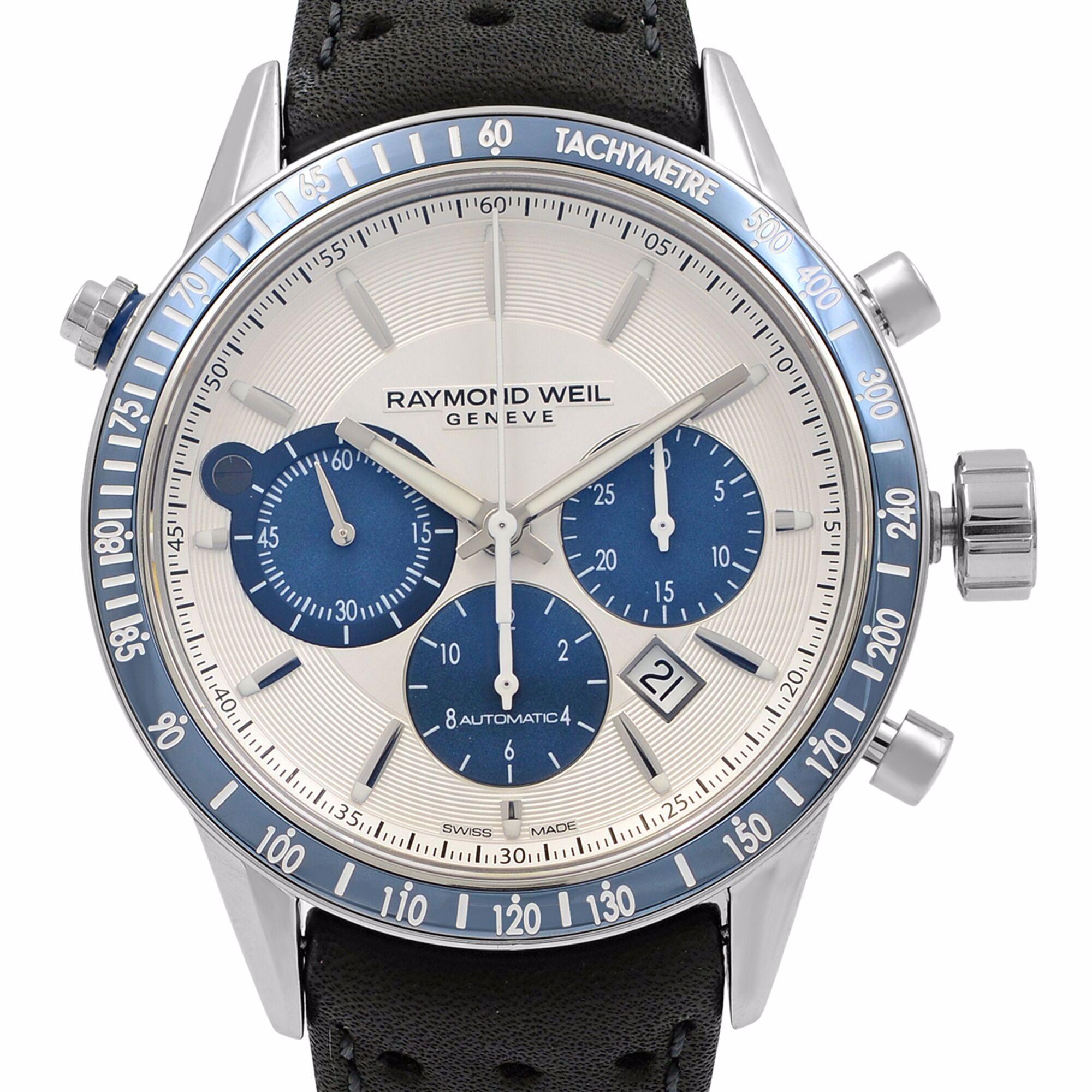 Never Worn Raymond Weil Freelancer Chronograph 43.5mm Steel Leather Silver and Blue Date Dial Automatic Men's Dress Watch. Manufacturers box and papers are included. A 3-year warranty provided by Chronostore is included. 
Details:
Brand RAYMOND