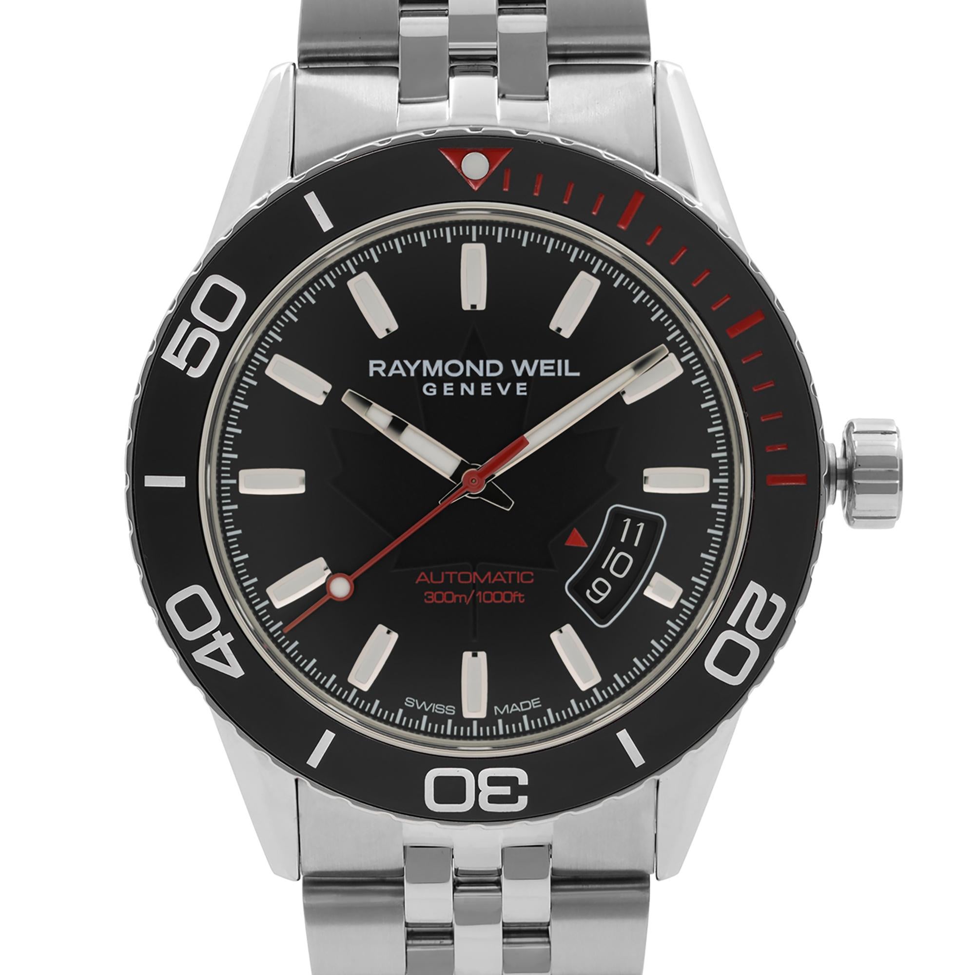 New Raymond Weil Freelancer 42mm Special Canada Edition Steel Ceramic Black Date Index Dial Automatic Men's Watch 2760-ST5-CA150. This Beautiful Timepiece Features: Stainless Steel Case and Bracelet, Uni-Directional Rotating Stainless Steel Bezel
