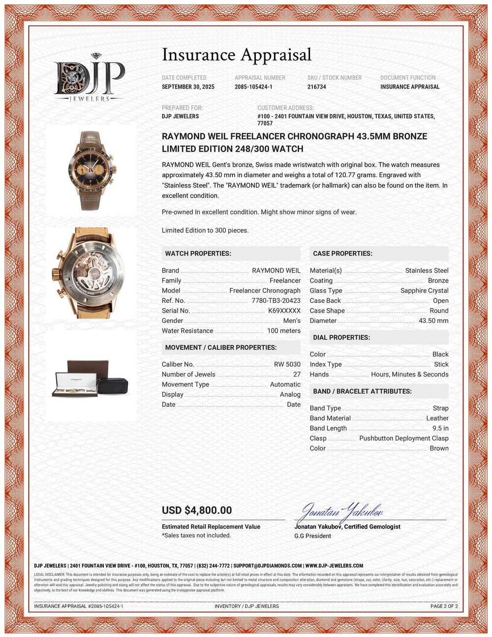 Montre Raymond Weil Freelancer Chronograph 43.5mm Bronze Limited Edition 248/300 en vente 7