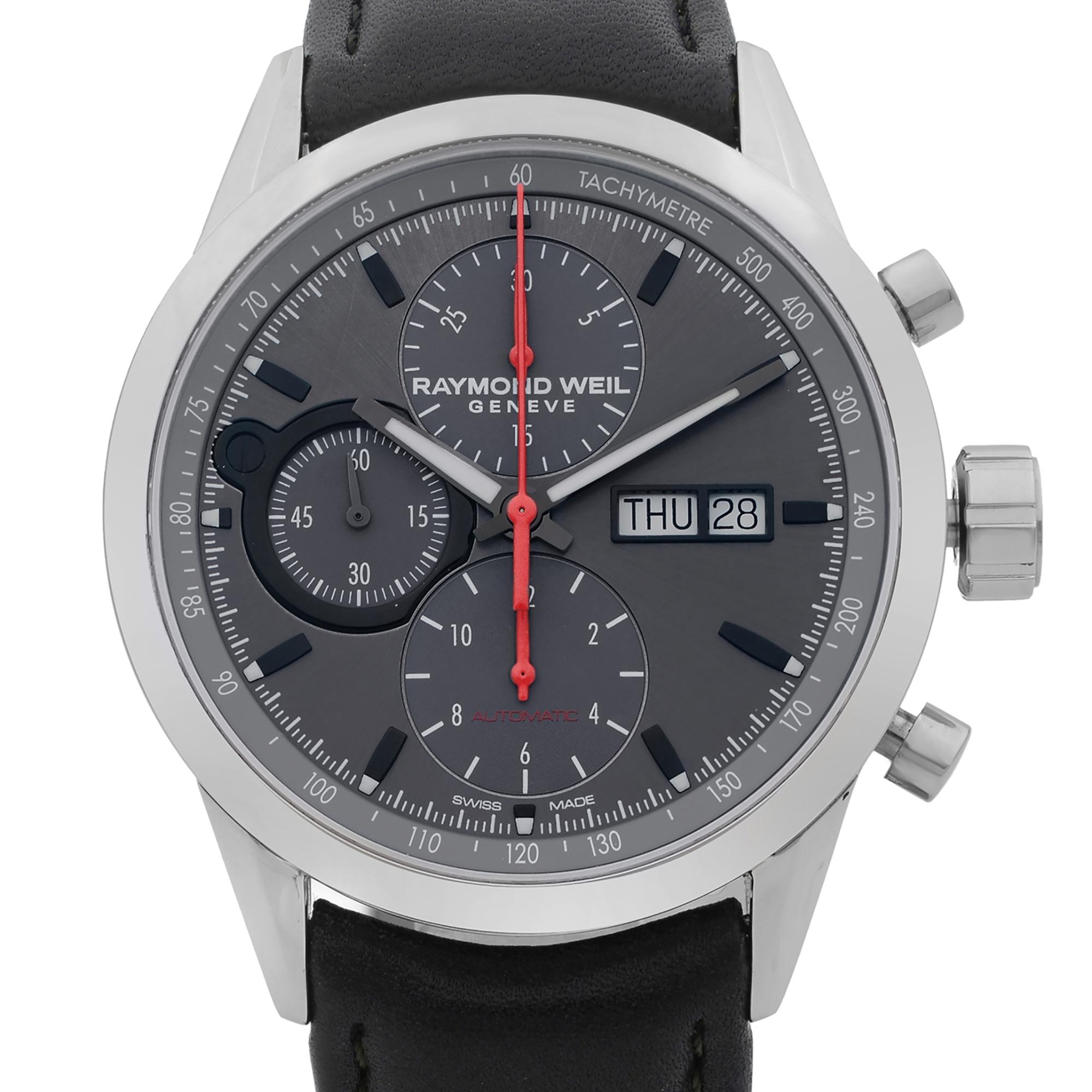 Display Model Raymond Weil Freelancer Steel Grey Dial Automatic Men's Watch. This Beautiful Timepiece Features: Stainless Steel Case with a Black Leather Strap, Fixed Stainless Steel Bezel, Gray Dial with Luminous Gray Hands, And Index Hour Markers.