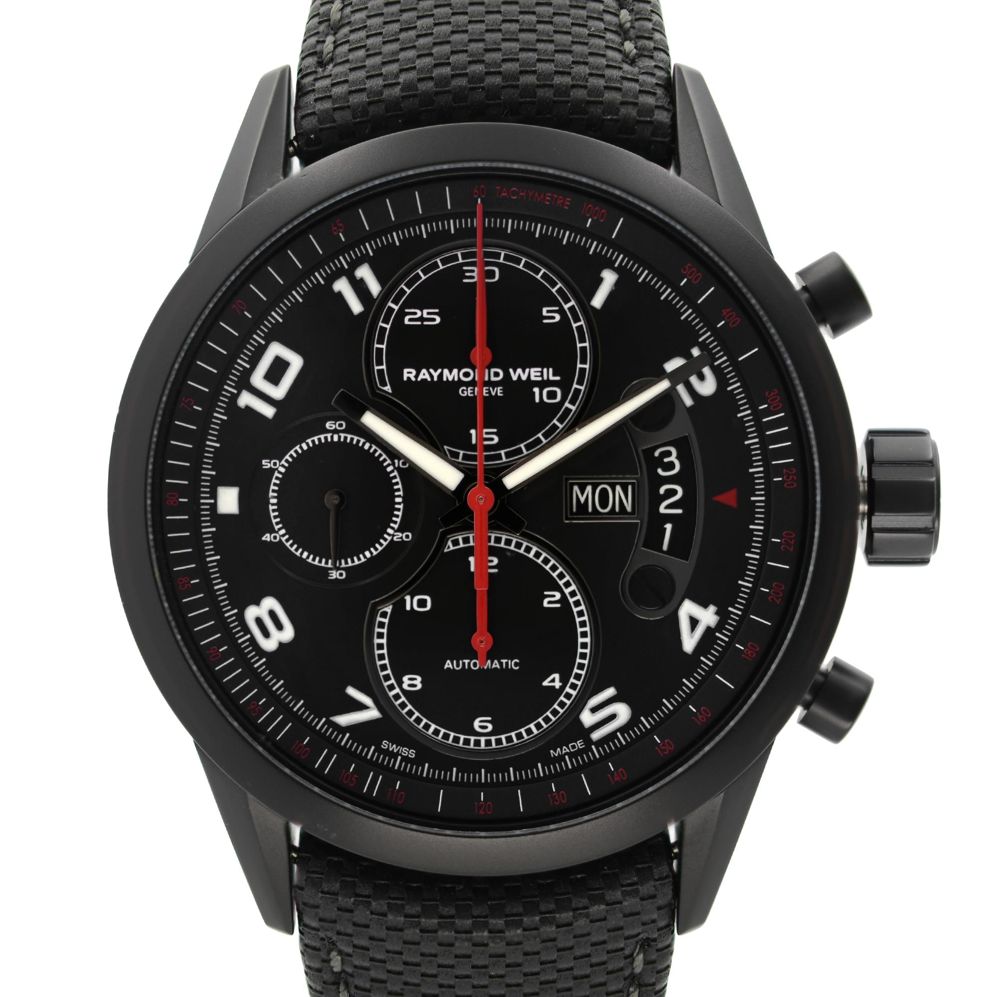 New with defects Raymond Weil Freelancer Black PVD Steel Black Dial Automatic Men's Watch with a Black Leather Strap with a Carbon Motif. Have micro blemishes on the case. Original Box and Papers are Included. Covered by 3-year Chronostore