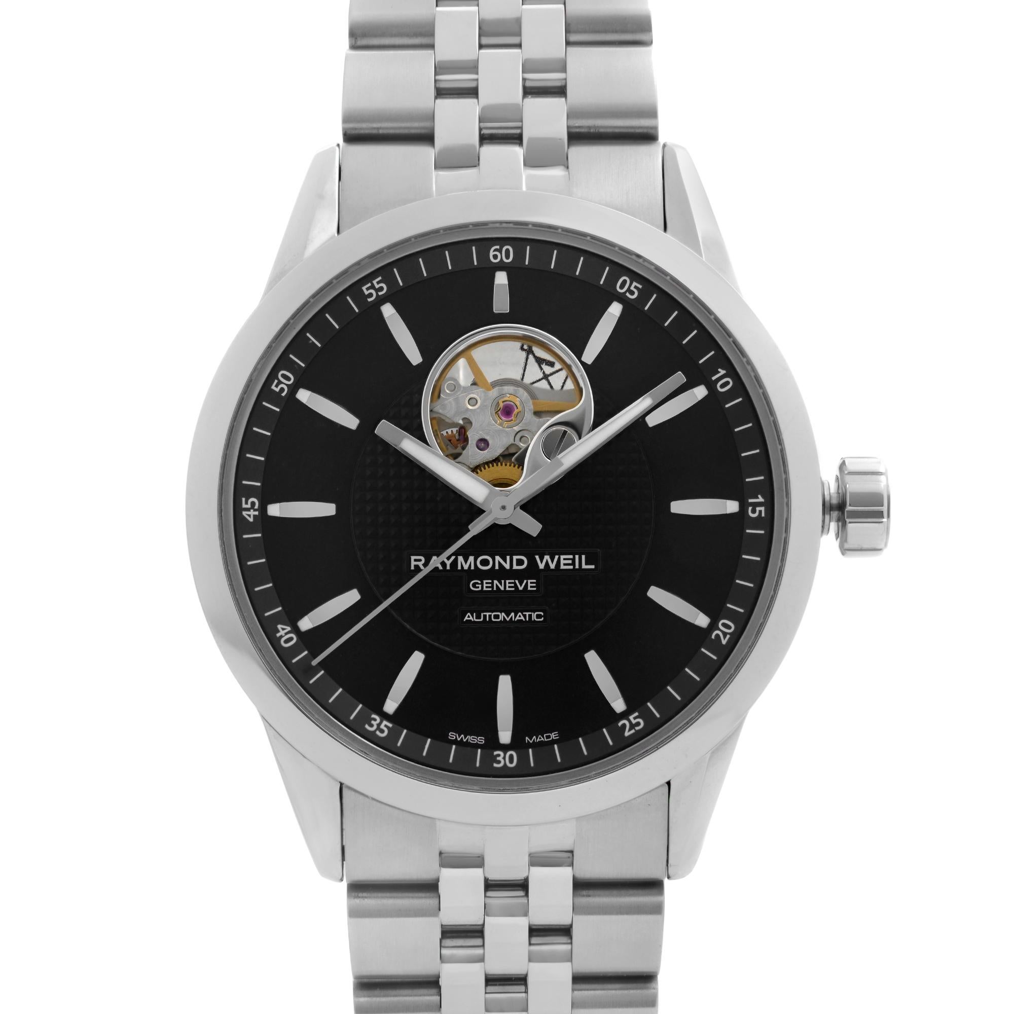 Never Worn Raymond Weil Freelancer Steel Black Dial Automatic Men's Watch 2710-ST-20021. This Beautiful Timepiece Features: Stainless Steel Case and Bracelet, Fixed Stainless Steel Bezel, Open Black Dial Showing the Escapement Mechanism, Luminous