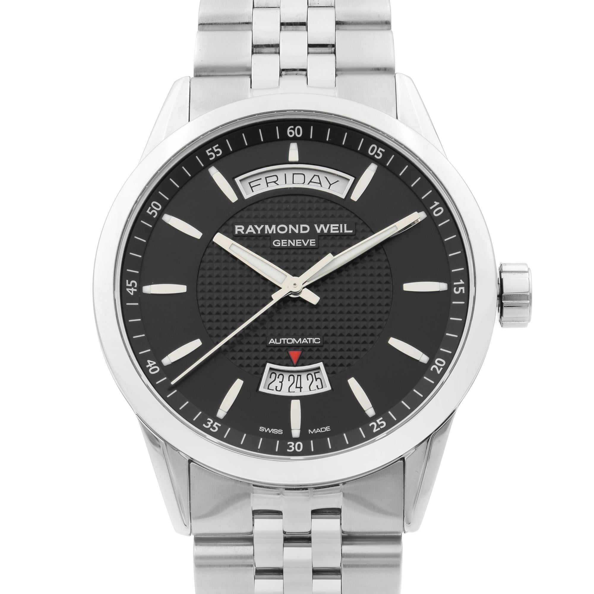 New Without Tags Raymond Weil Freelancer Steel Black Dial Automatic Men's Watch 2720-ST-20021. This Beautiful Timepiece Features: Stainless Steel Case and Bracelet, Fixed Stainless Steel Bezel, Black Dial with Luminous Silver-Tone Hands, And Index