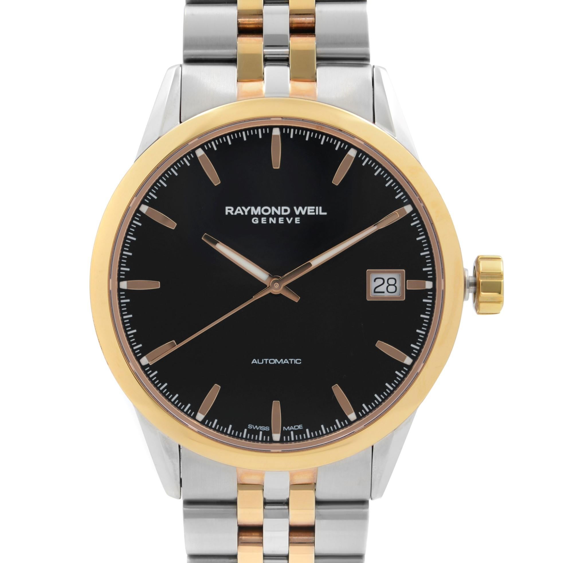 Store Display Model Never Worn. Can have minor blemishes on gold tone parts. Raymond Weil Freelancer Steel Black Dial Automatic Men's Watch 2740-SP5-20011. This Beautiful Timepiece Features: Stainless Steel Case and Two-Tone (Silver & Rose Gold PVD)