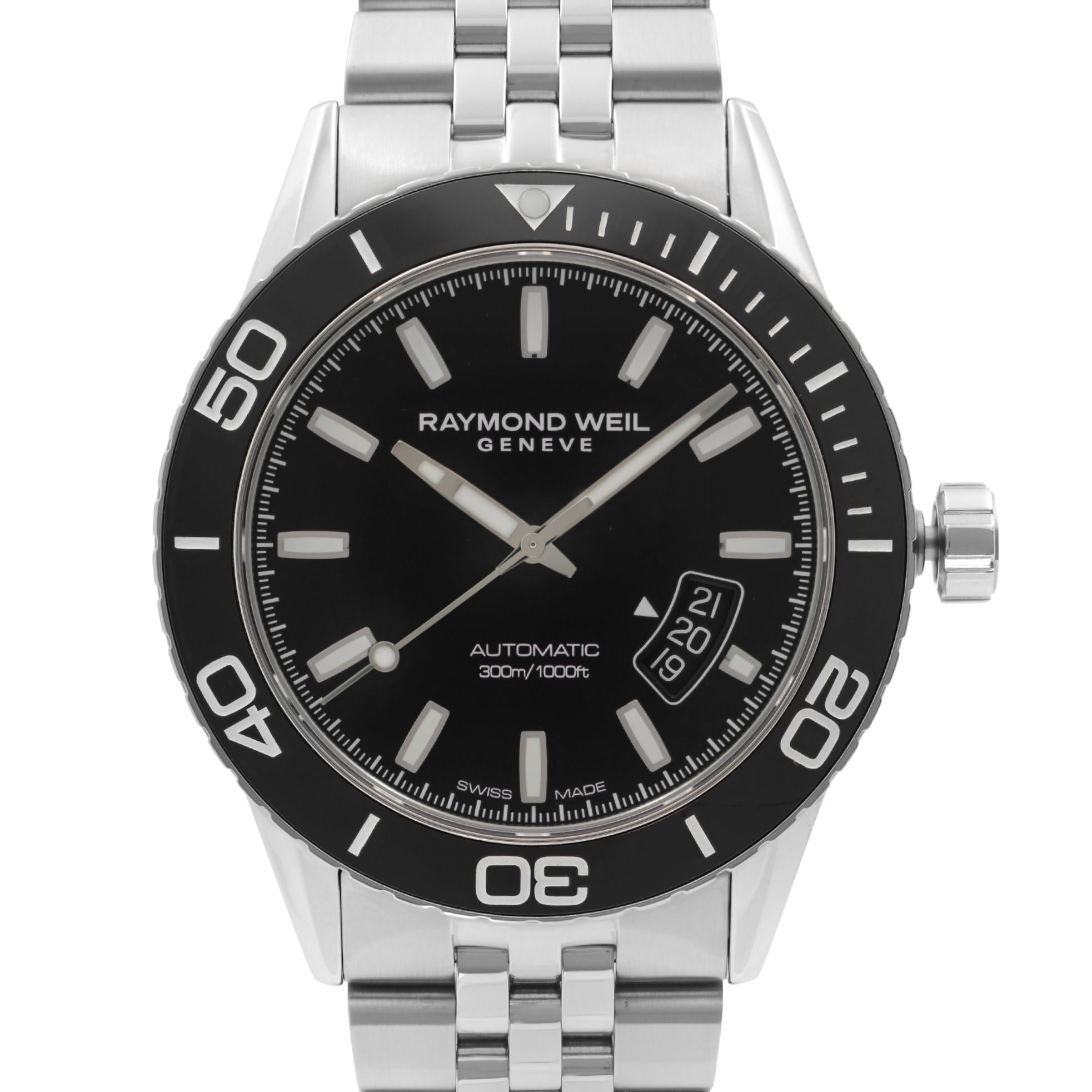 Never Worn Raymond Weil Freelancer Steel Black Dial Automatic Men's Watch. This Beautiful Timepiece Features: Stainless Steel Case and Bracelet, Uni-Directional Coin Edge Stainless Steel Bezel with a Black Ceramic (Count-up Elapsed Time) Ring, Black