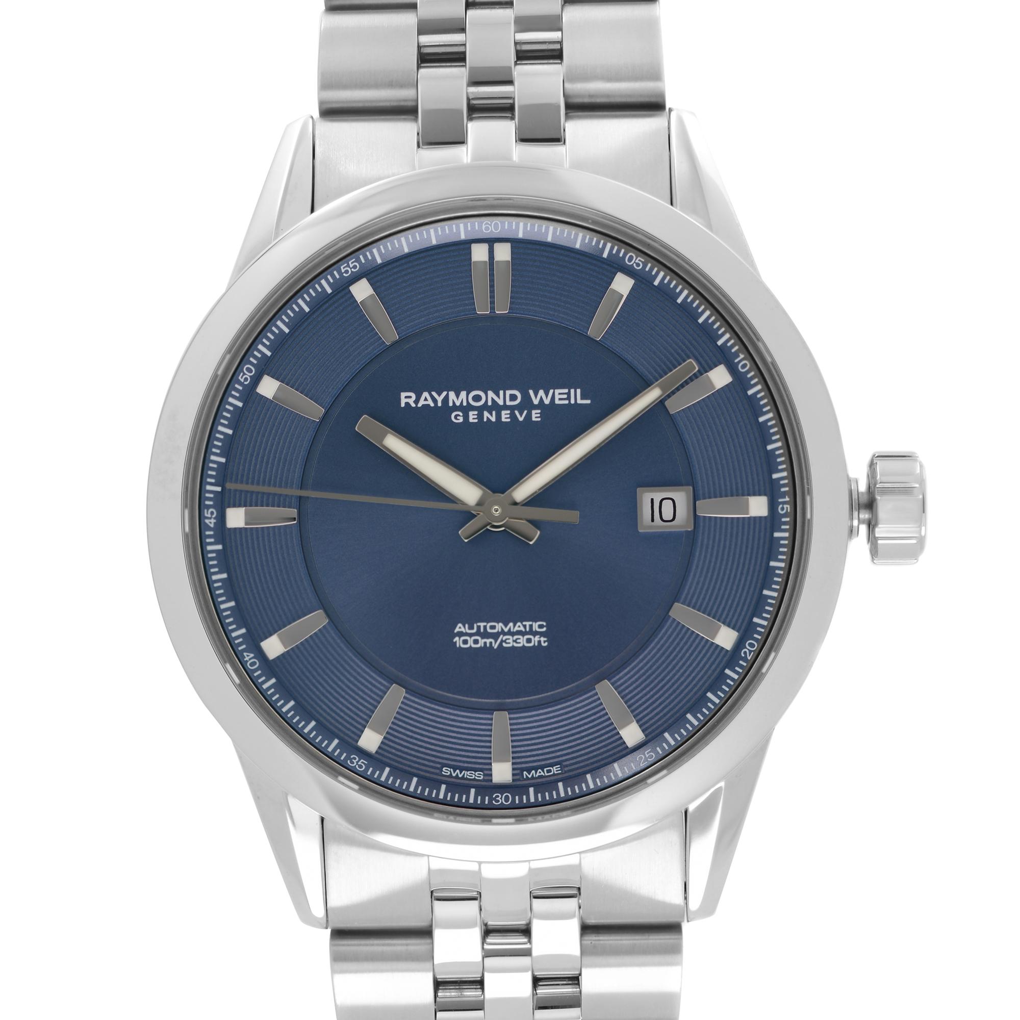 Unworn Raymond Weil Freelancer Steel Blue Dial Automatic Men's Watch. This Beautiful Timepiece Features: Stainless Steel Case and Bracelet, Fixed Stainless Steel Bezel, Blue Dial with Luminous Grey Hands, And Index Hour Markers. Original Box and