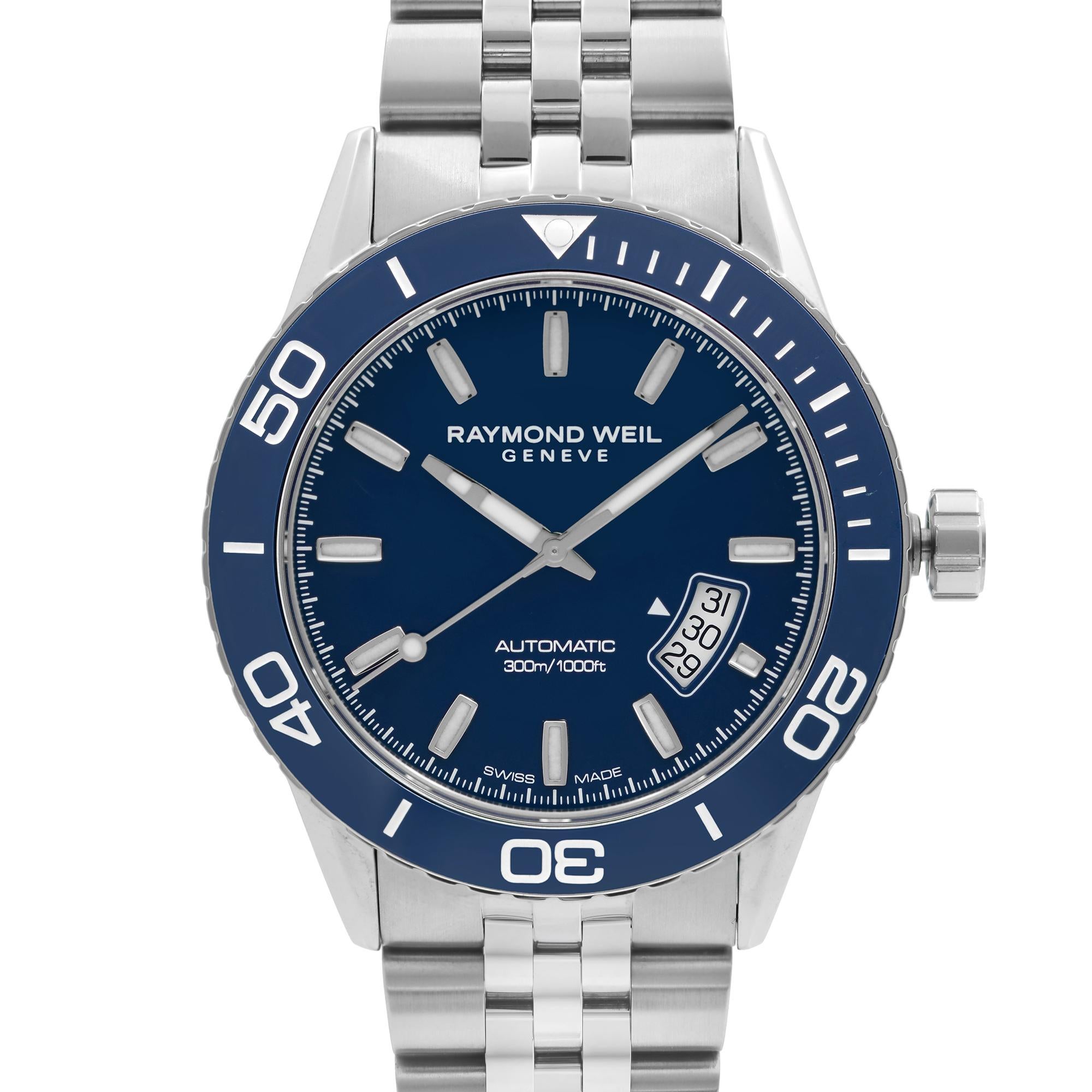 Never Worn Raymond Weil Freelancer Steel Ceramic Blue Dial Automatic Men's Watch 2760-ST3-50001. This Beautiful Timepiece Features: Stainless Steel Case and Bracelet, Uni-Directional Rotating Coin Edge Stainless Steel Bezel with a Blue Ceramic