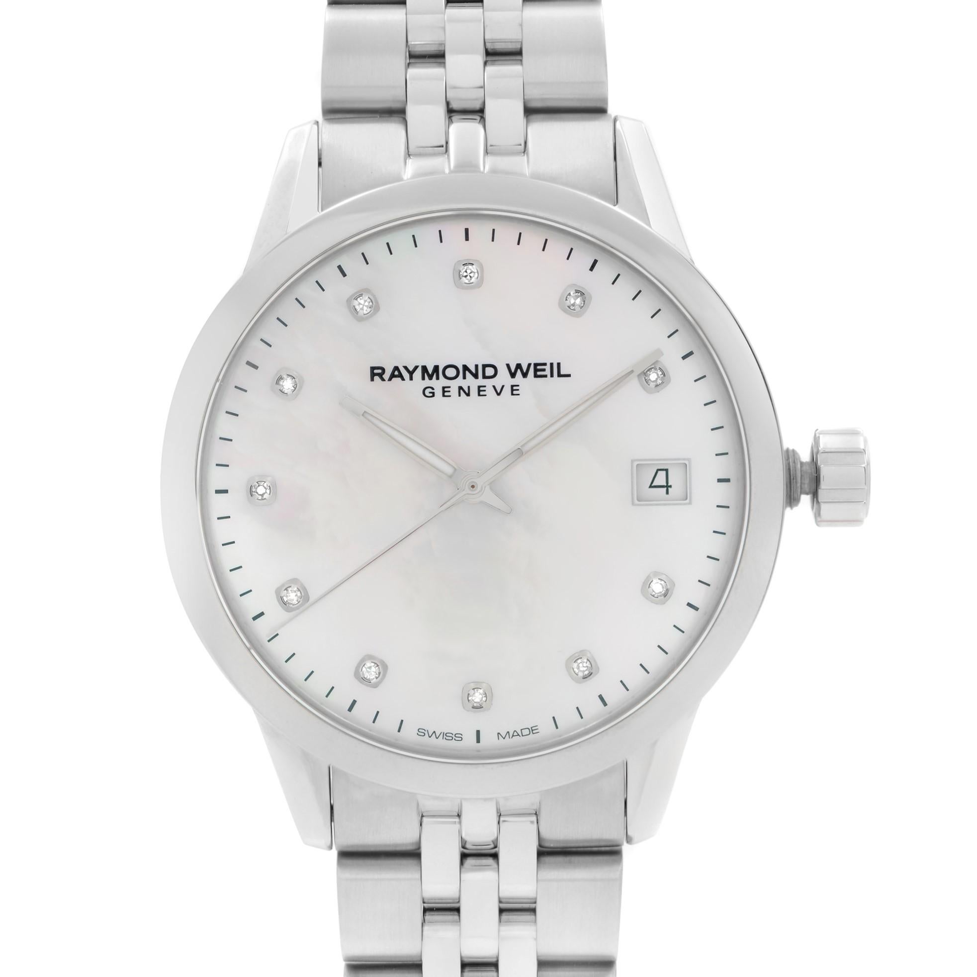 Unworn Raymond Weil Freelancer Steel Diamond MOP Dial Quartz Ladies Watch 5634-ST-97081. This Beautiful Timepiece Features: Stainless Steel Case and Bracelet, Fixed Stainless Steel Bezel, Mother-of-Pearl Dial with Luminous Silver-Tone Hands, And