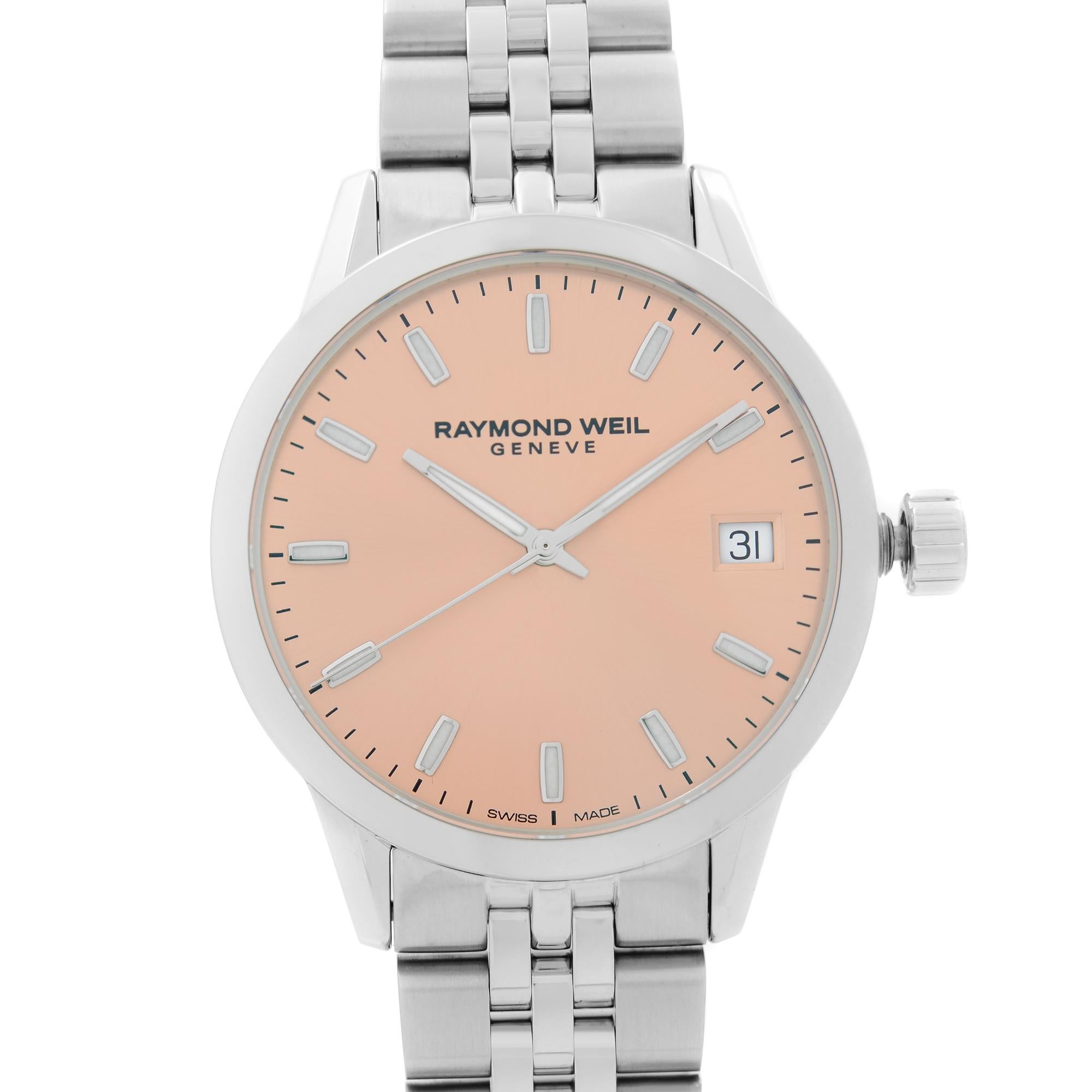 Never Worn Raymond Weil Freelancer Steel Rose Dial Quartz Ladies Watch 5634-ST-80021. This Beautiful Timepiece Features: Stainless Steel Case and Bracelet, Fixed Stainless Steel Bezel, Rose Dial with Luminous Silver-Tone Hands, And Index Hour
