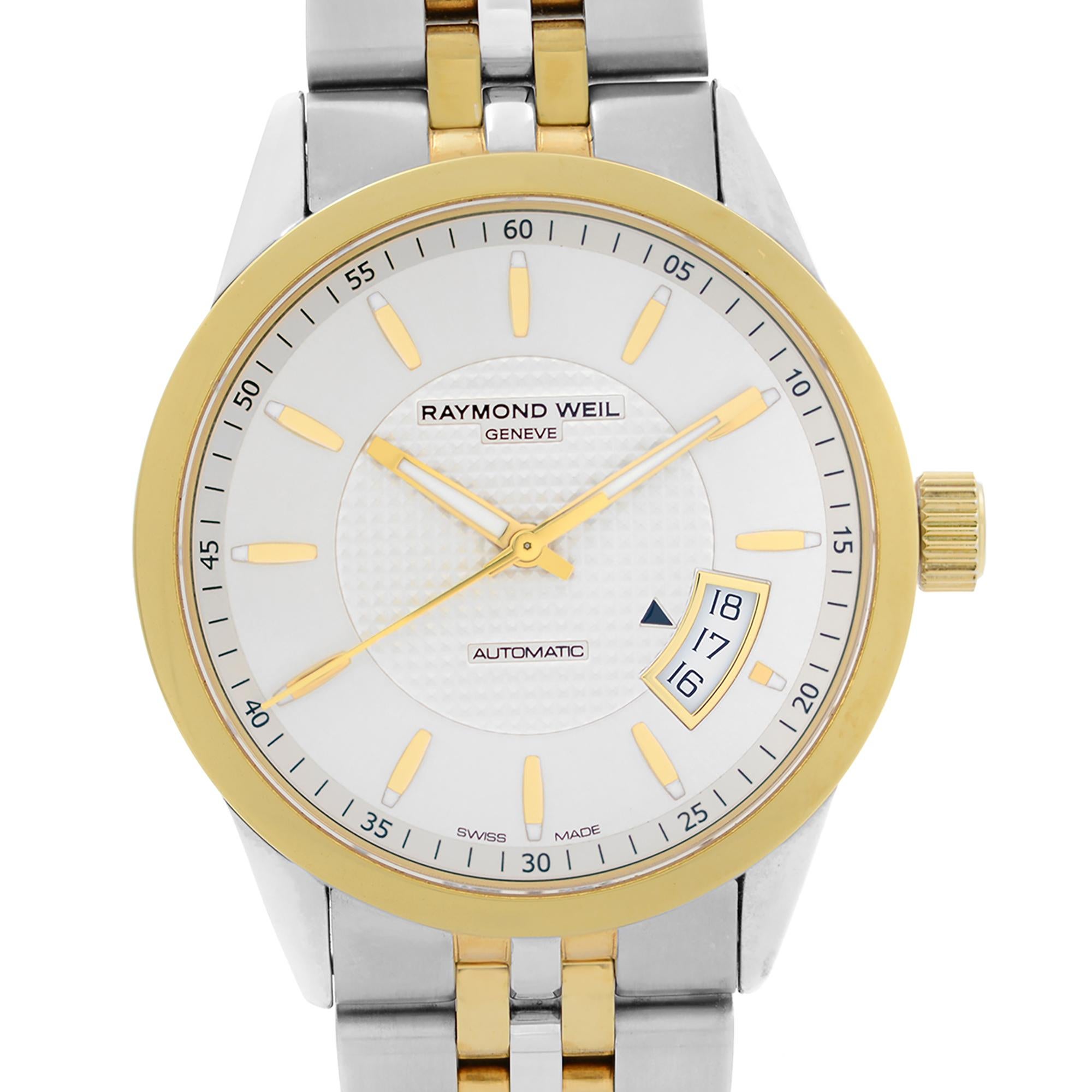 Pre Owned Raymond Weil Freelancer Steel Silver Dial Automatic Men's Watch 2770-STP-65021. The Watch Has Aftermarket Crown, Blemishes on Hands and Tiny Scratches on Gold-Tone Parts. This Beautiful Timepiece Features: Stainless Steel Case with a