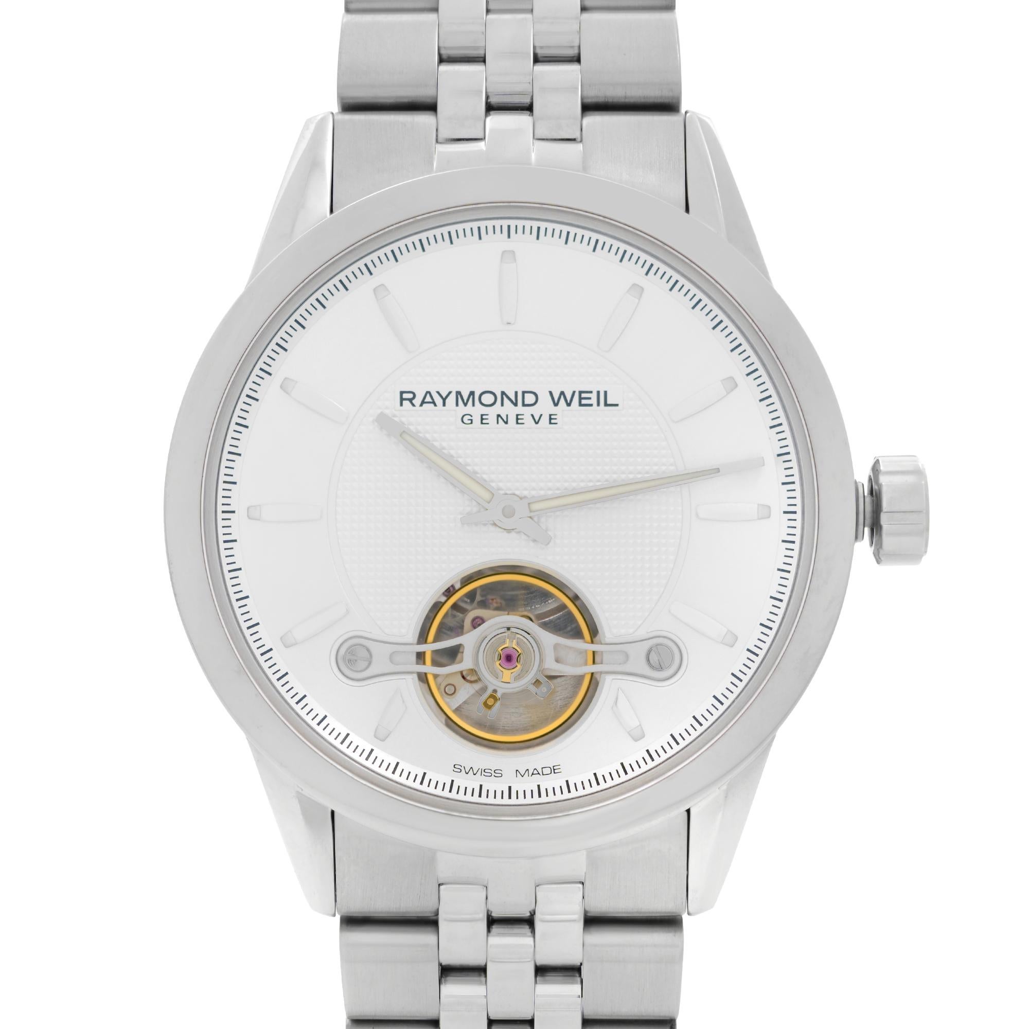 New Raymond Weil Freelancer Steel Silver Dial Automatic Men's Watch 2780-ST-65001. This Beautiful Timepiece Features: Stainless Steel Case and Bracelet, Fixed Stainless Steel Bezel, Silver (Open Balance Wheel Display) Dial with Silver-Tone Hands and