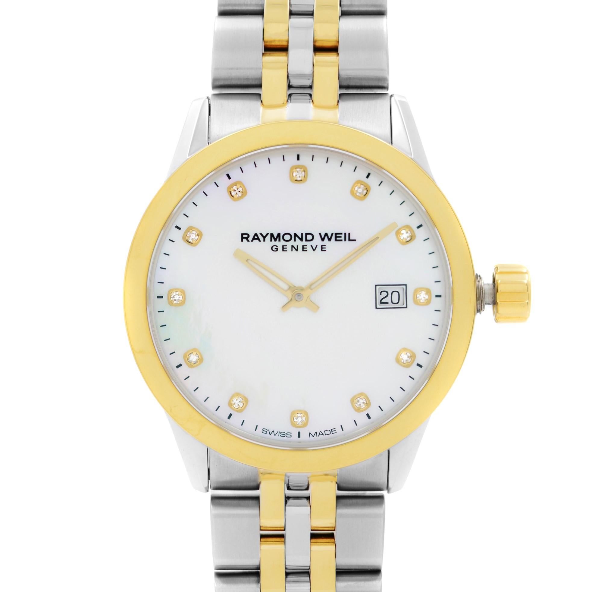 Store Display Model Never Worn. Can have minor blemishes on gold tone parts.  Raymond Weil Freelancer Two-Tone Steel MOP Dial Quartz Ladies Watch 5629-STP-97081. This Beautiful Timepiece Features: Stainless Steel Case with a Two-Tone Stainless Steel