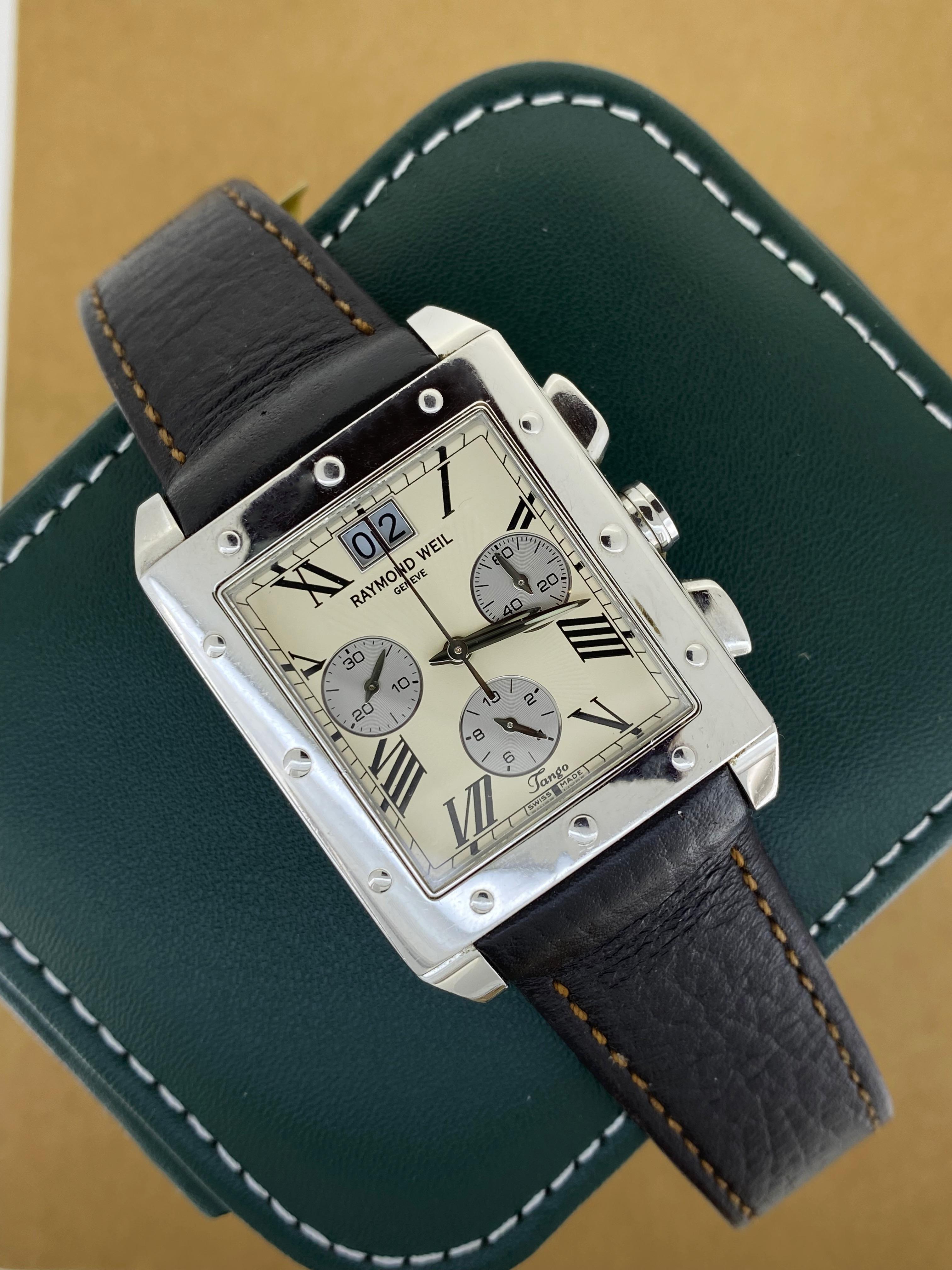 Reloj de caballero Raymond Weil Geneve Tango ref 4881 Cronógrafo Esfera Marfil Rectángulo en Excelente estado para la venta en MELBOURNE, AU