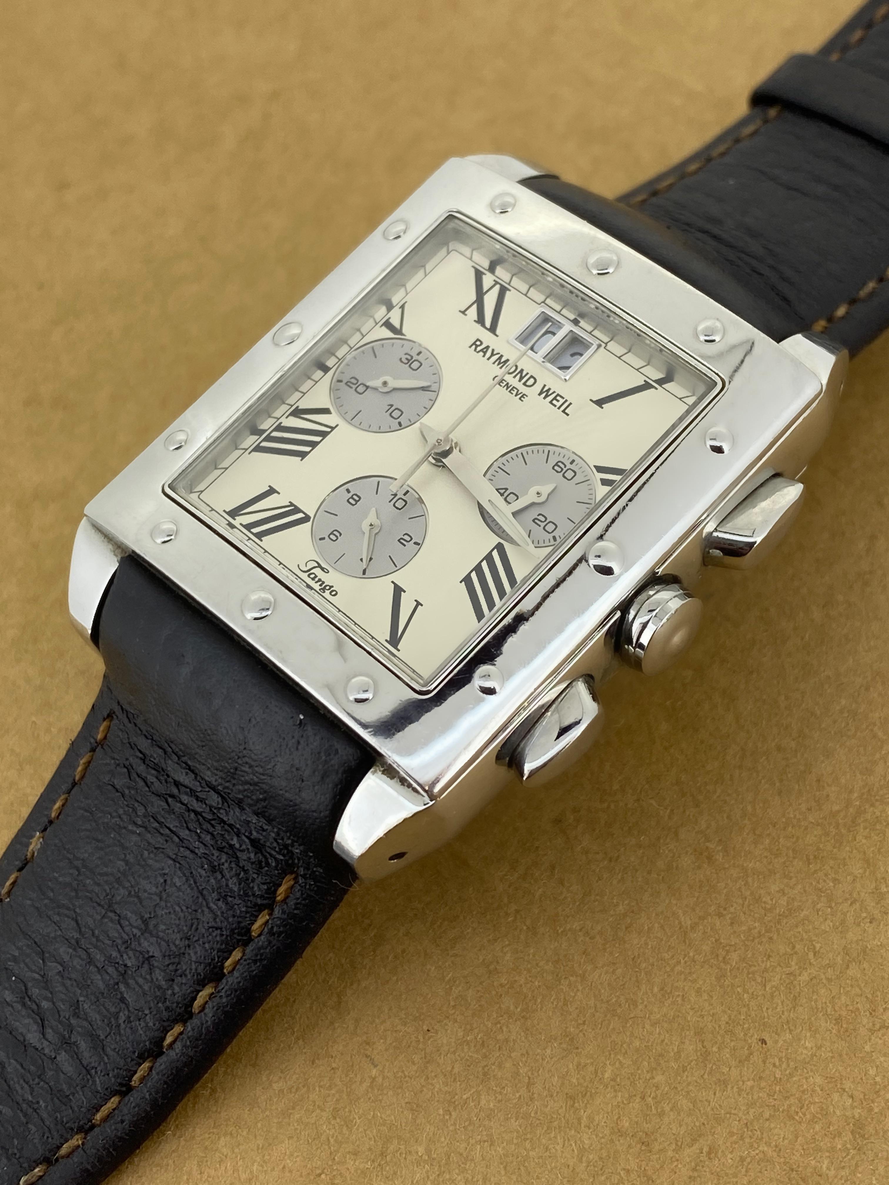Reloj de caballero Raymond Weil Geneve Tango ref 4881 Cronógrafo Esfera Marfil Rectángulo en venta 1