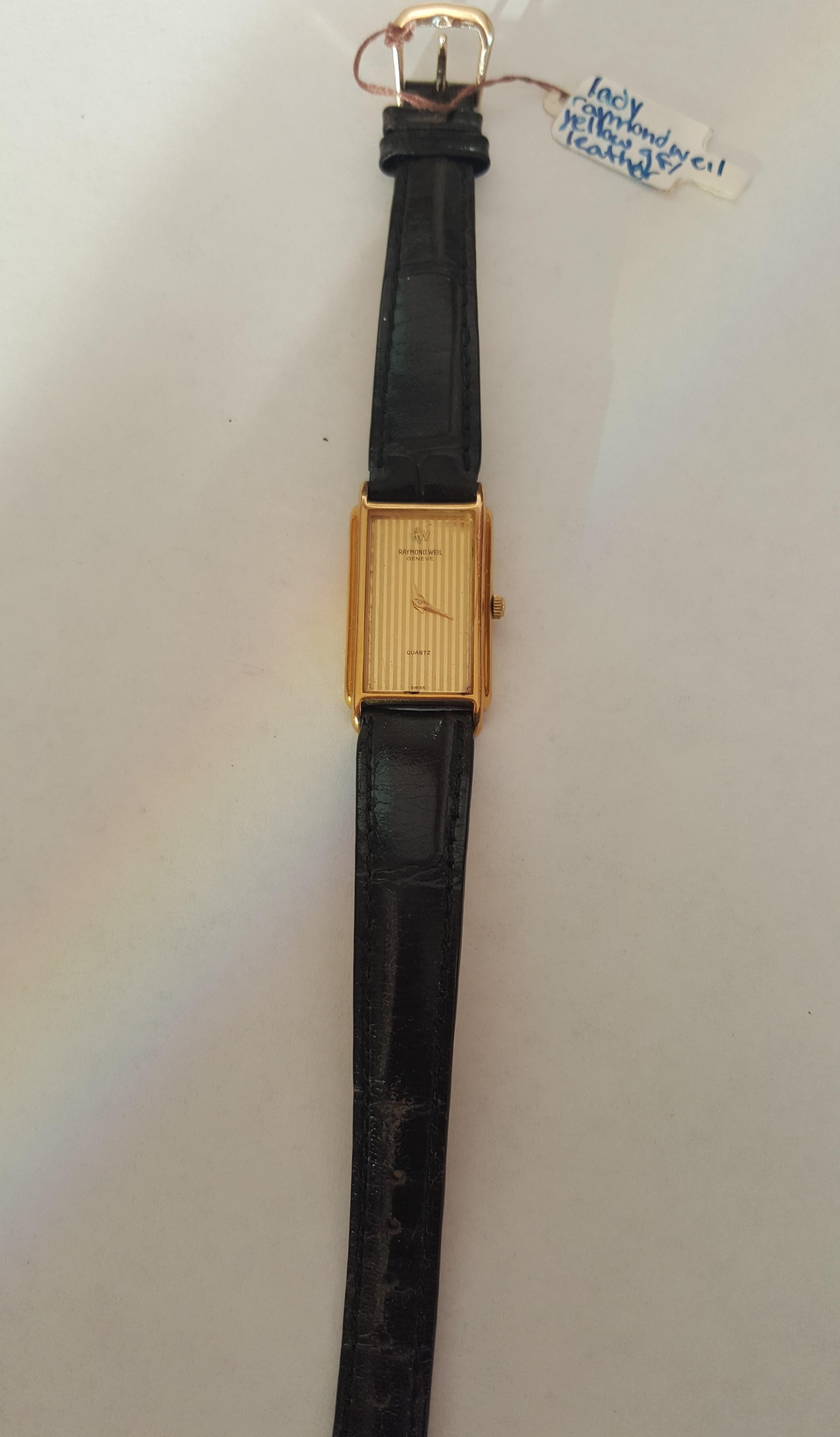 Contemporary Raymond Weil 18kt Gold Filled Vintage Watch Gold Dial, Black Strap, Quartz, 5720