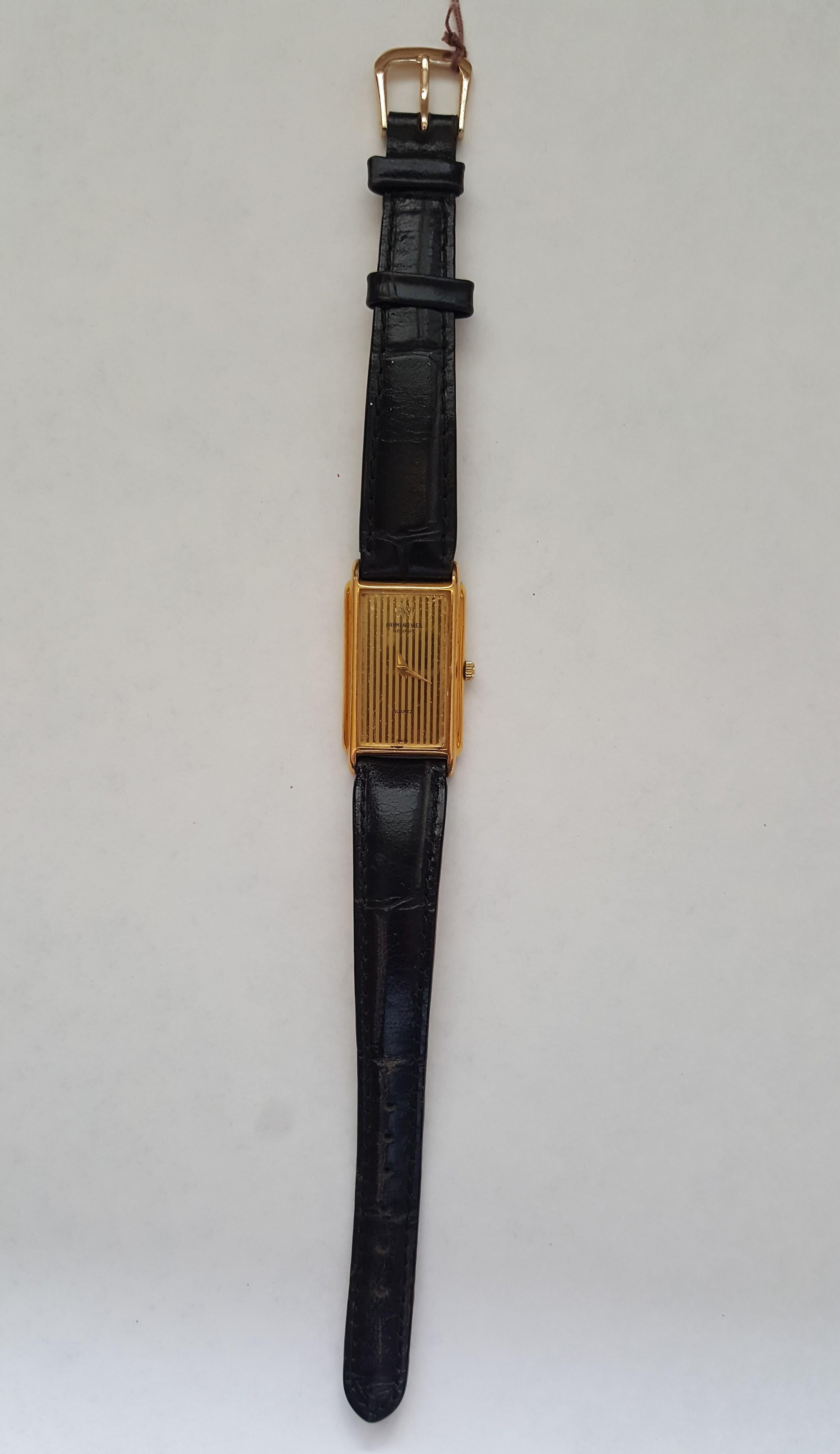 Women's or Men's Raymond Weil 18kt Gold Filled Vintage Watch Gold Dial, Black Strap, Quartz, 5720