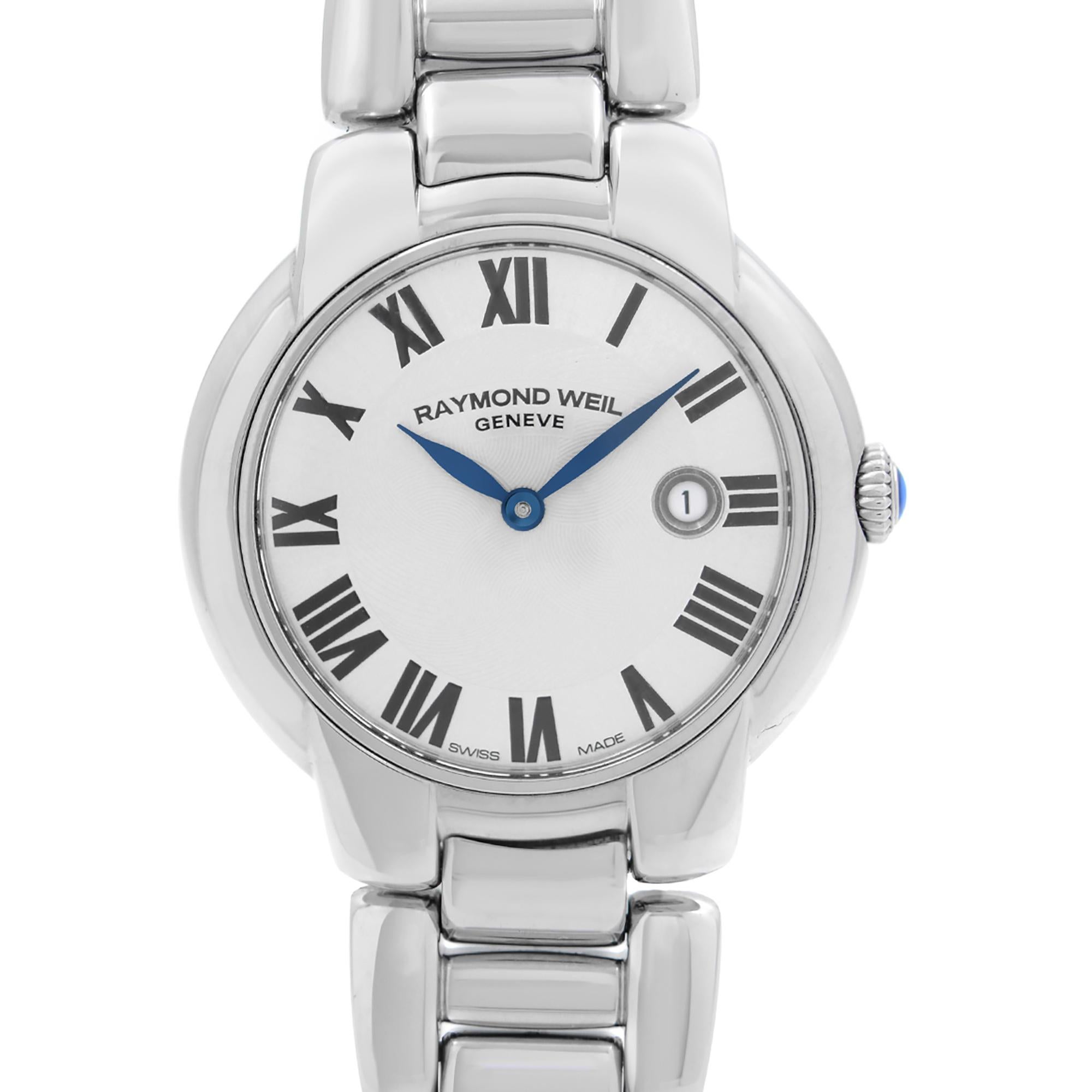 Pre-owned Raymond Weil Jasmine Quartz Ladies Watch 5229-ST-01659. The serial number is Polished off. This Beautiful Timepiece Features: Stainless Steel Case and Bracelet, Fixed Stainless Steel Bezel, Silver Dial with Blue Hands and Roman Numeral