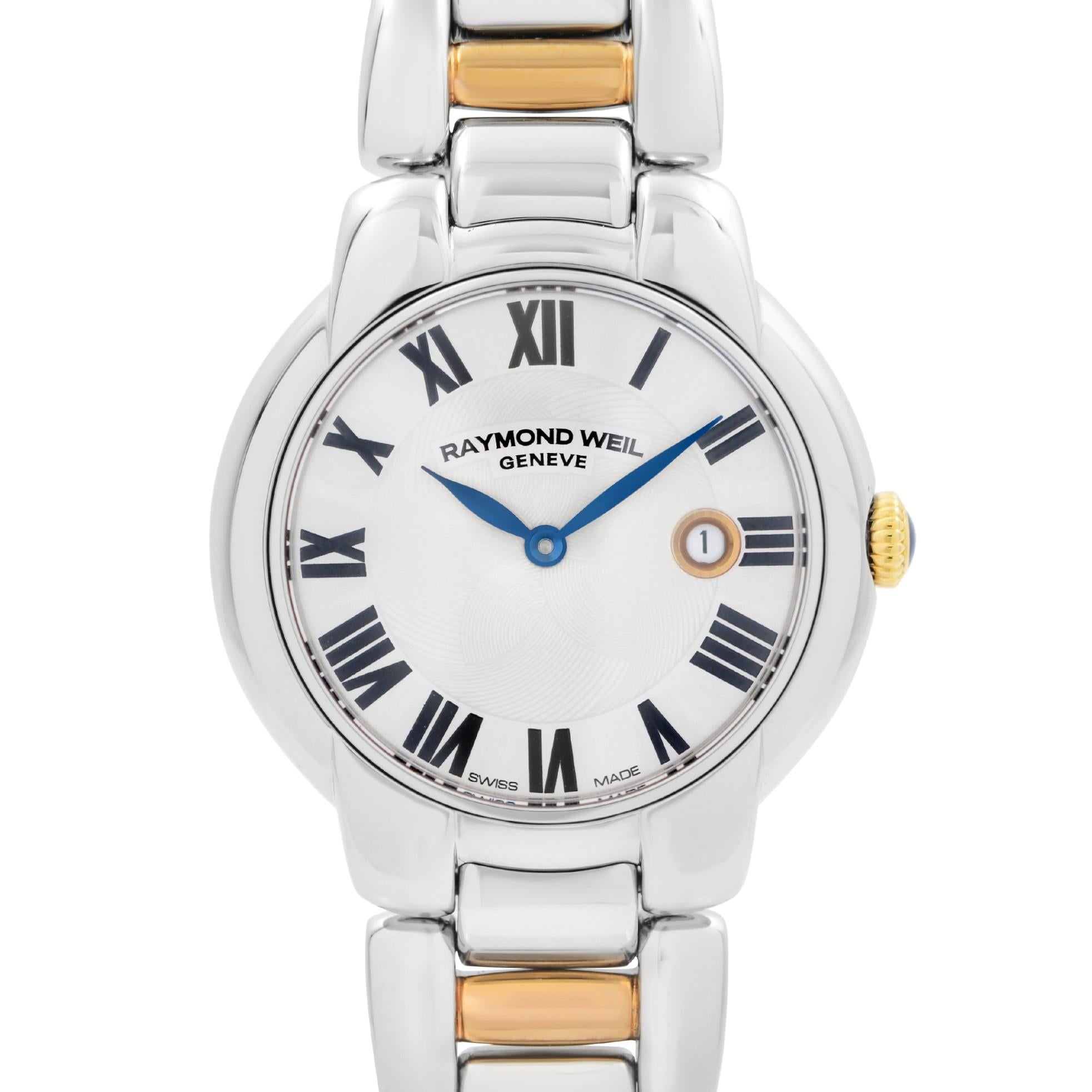 Never Worn Raymond Weil Jasmine 29mm Two-Tone Steel Silver Dial Ladies Watch 5229-S5-01659. This Beautiful Timepiece Features: Stainless Steel Case with a Two-Tone (Silver and Rose Gold PVD) Stainless Steel Bracelet, Fixed Stainless Steel Bezel,