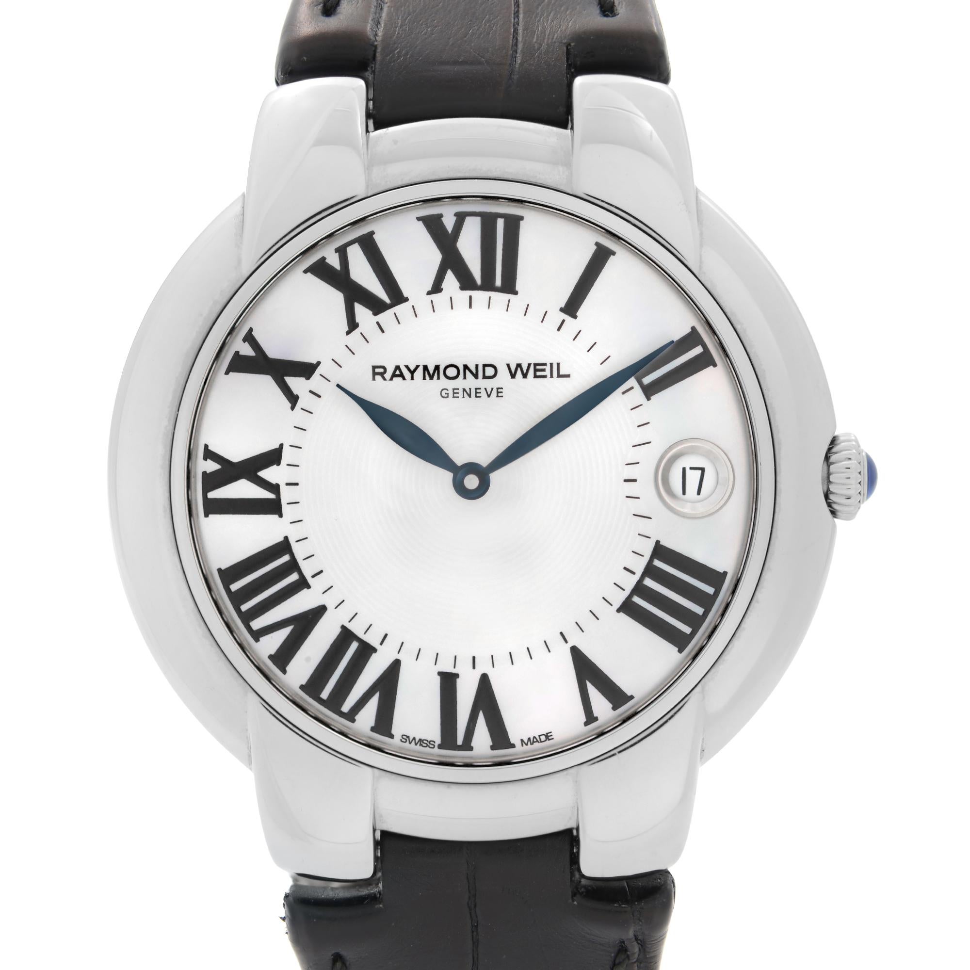 Pre-owned Raymond Weil Jasmine Stainless Steel MOP Dial Quartz Ladies Watch 5235-STC-00970. The Watch Band Shows a Tear Damage Near the Lug and Signs of Use on the Inner Side. Comes with Chronostore Presentation Box and Authenticity Card. Covered by