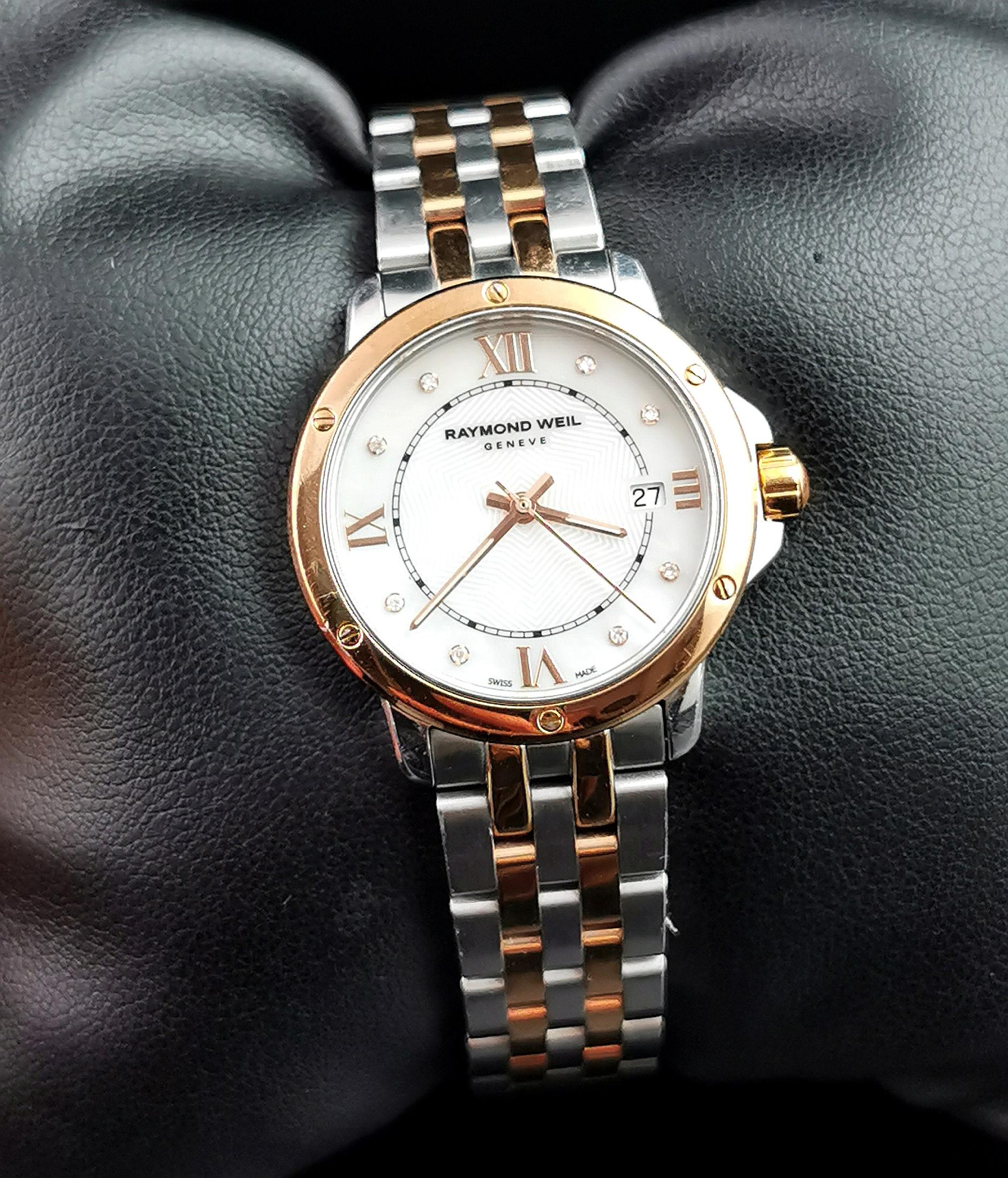 Modern Raymond Weil ladies Maestro wristwatch, rose gold plate stainless steel, Diamond For Sale