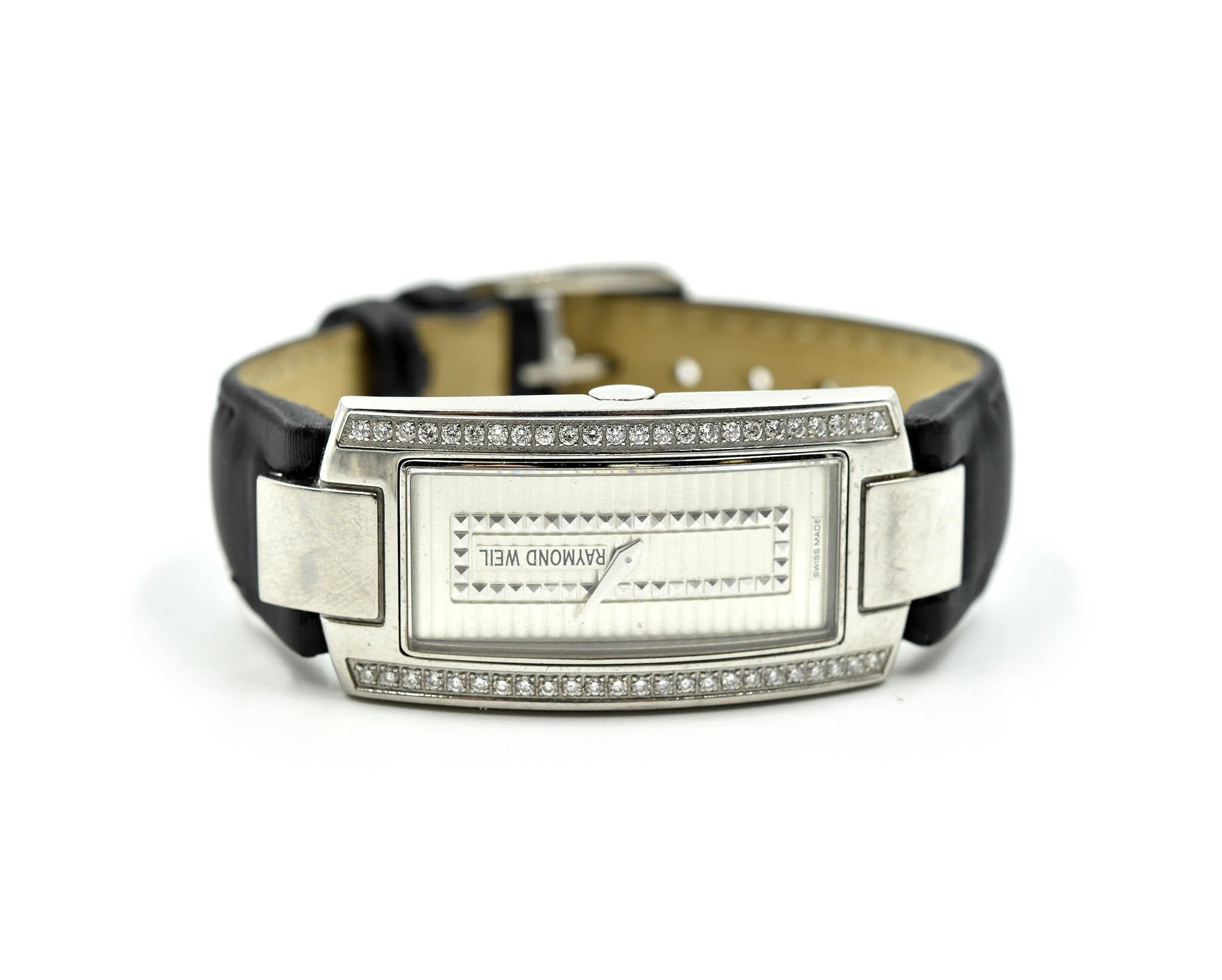 Movement: quartz
Function: hours, minutes
Case: 19x36mm stainless steel case, sapphire crystal, diamonds
Band: black leather strap with steel buckle, fits up to a 6.5-inch wrist
Dial: textured silvered dial, silver hands
Serial #: V446028
Reference