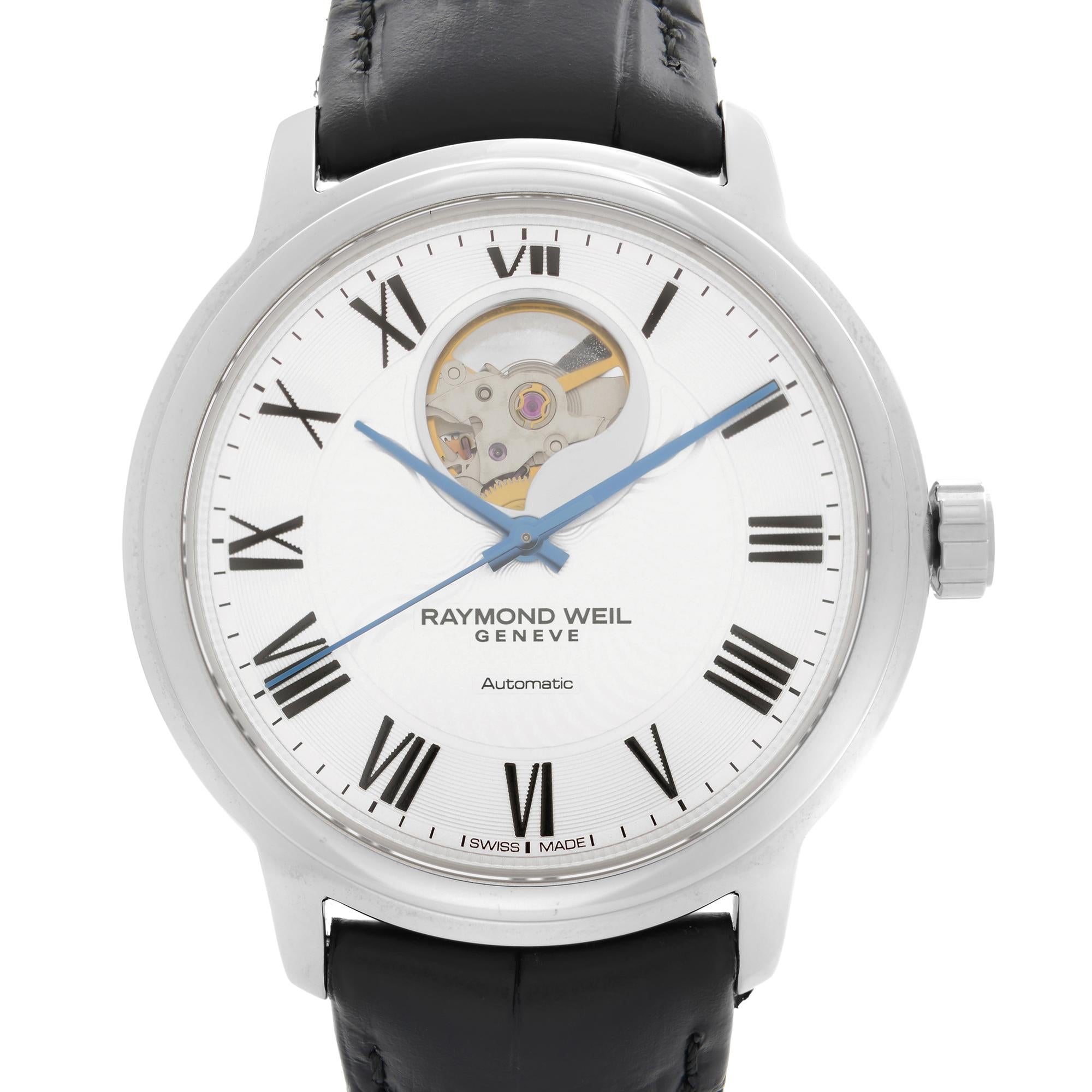 Store Display Model Raymond Weil Maestro 39.5mm Steel Leather Silver Automatic Men's Watch 2227-STC-00659. The Watch Was Never Worn and May Have a Few Glue Stains on the Inner Side of the Band. This Beautiful Timepiece Features: Stainless Steel Case