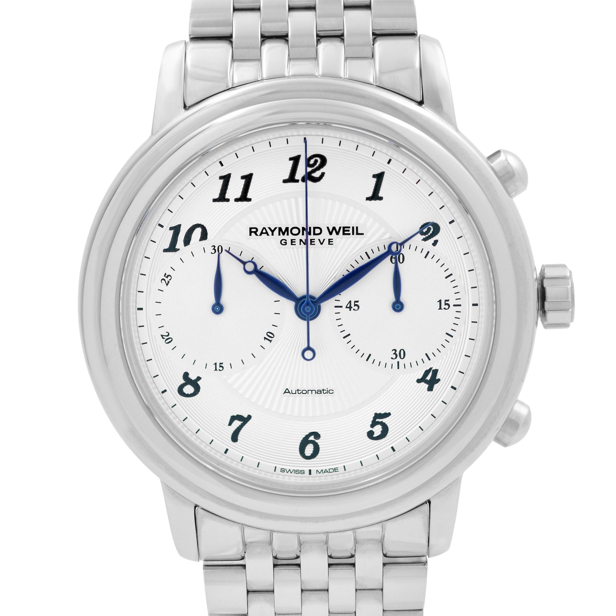 Unworn Raymond Weil Maestro 41.5mm Steel Silver Dial Automatic Men's Watch 4830-ST-05659. This Beautiful Timepiece Features: Stainless Steel Case and Bracelet, Fixed Stainless Steel Bezel, Silver Dial with Blue-Tone Hands, And Arabic Numeral Hour