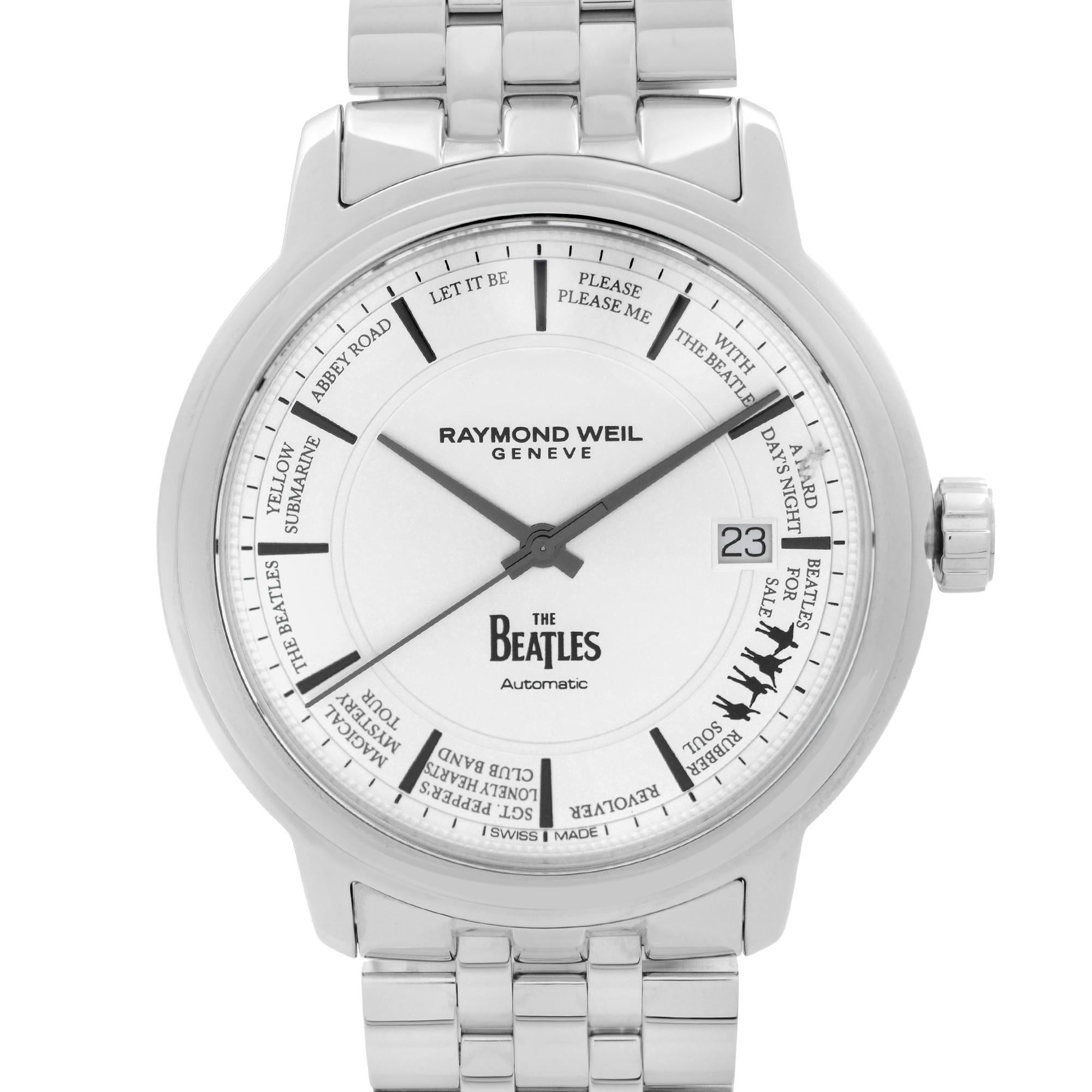 Never Worn Raymond Weil Maestro Beatles Edition Steel Silver Dial Men's Watch 2237-ST-BEAT1. This Beautiful Timepiece Features: Stainless Steel Case and Bracelet, Fixed Stainless Steel Bezel, Silver Dial with Black Hands, And Index Hour Markers.