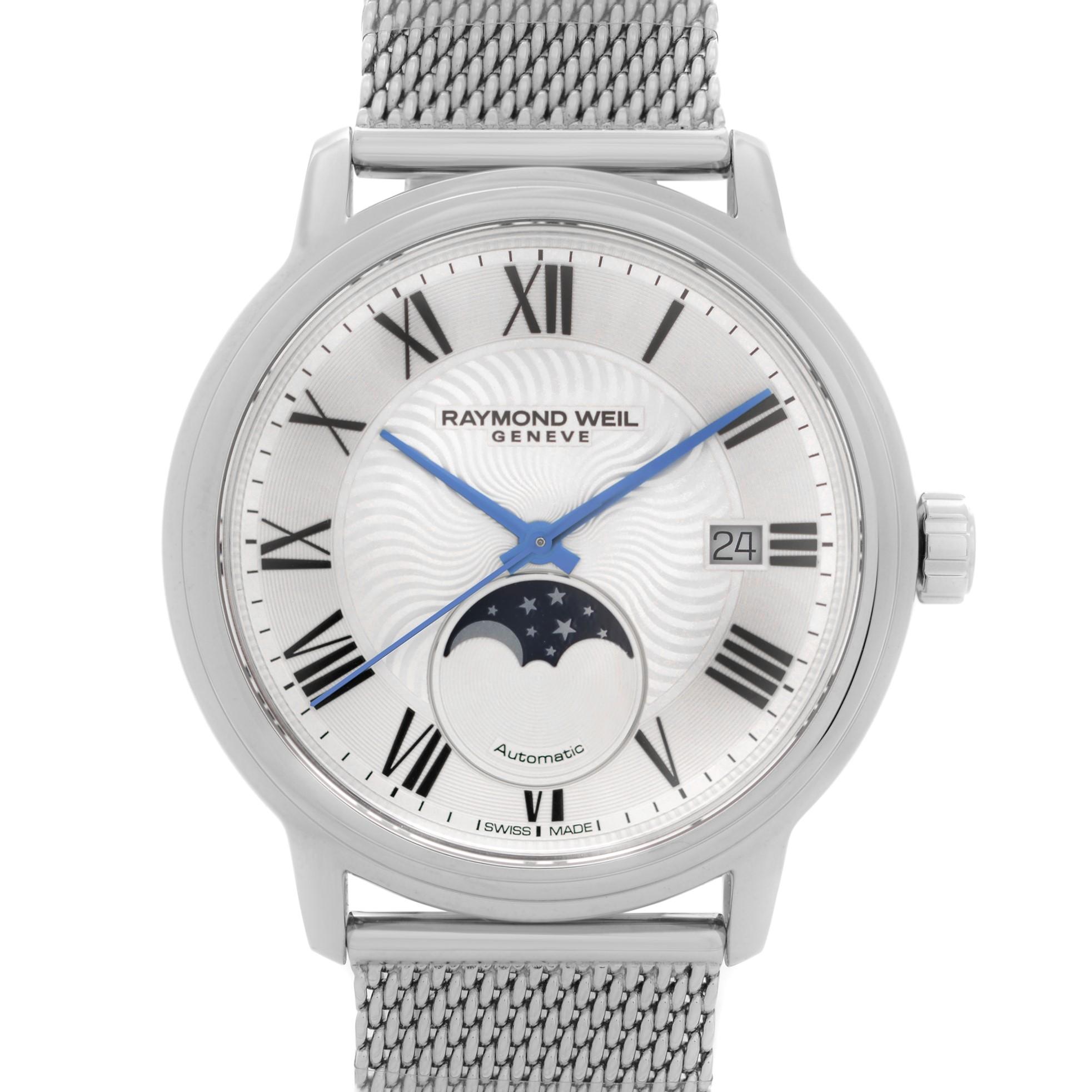 Unworn Raymond Weil Maestro Moonphase Steel Silver Roman Dial Men's Watch 2239M-ST-00659. This Beautiful Timepiece Features: Stainless Steel Case with a Stainless Steel Mesh Bracelet, Fixed Stainless Steel Bezel, Silver Dial with Blue Hands, and