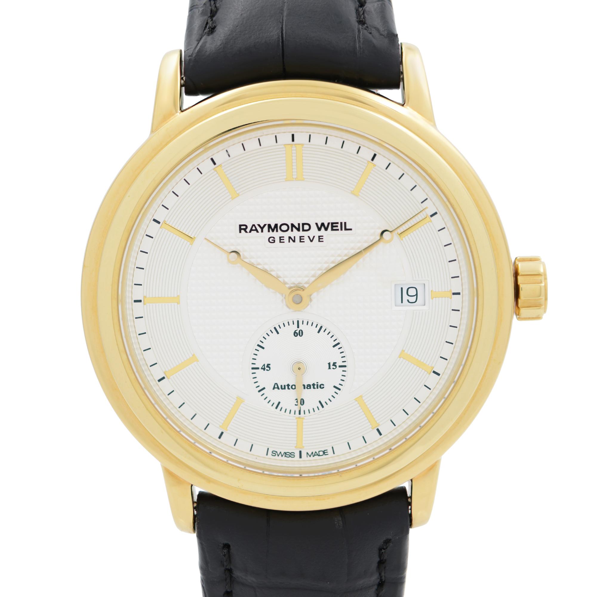 Store Display Model Can have minor blemishes During Store Display and handling.  Raymond Weil Maestro PVD Gold Steel Silver Dial Men's Watch RW-2838-PC-65001. This Beautiful Timepiece Features: Yellow Gold PVD Stainless Steel Case with a Black