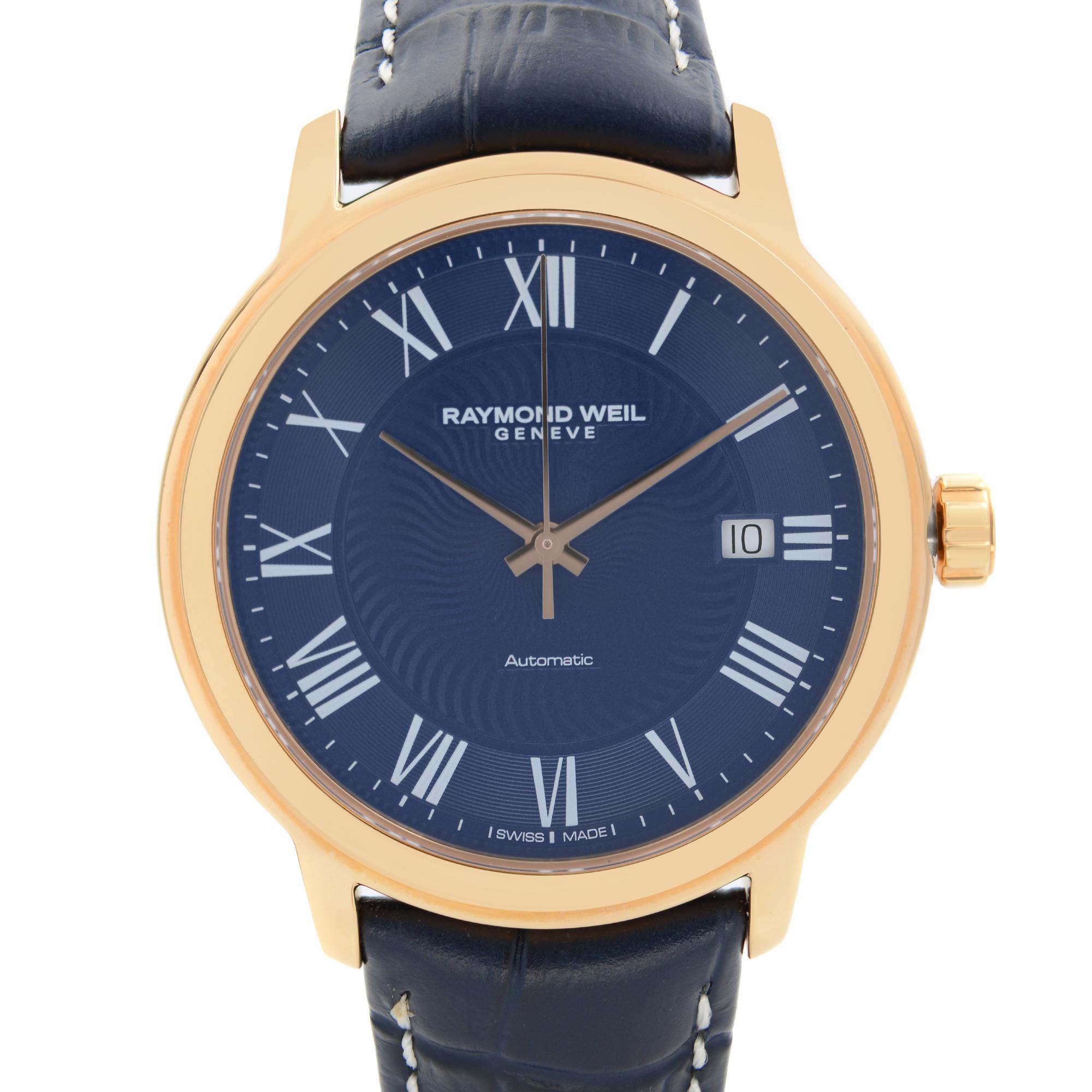 Never Worn Store Display Model.  Raymond Weil Maestro Rose Gold PVD Steel Blue Dial Men's Watch 2237-PC5-00508.  Gold-tone parts and the band can have minor blemishes and Micro scratches During store display and handling. This Beautiful Timepiece