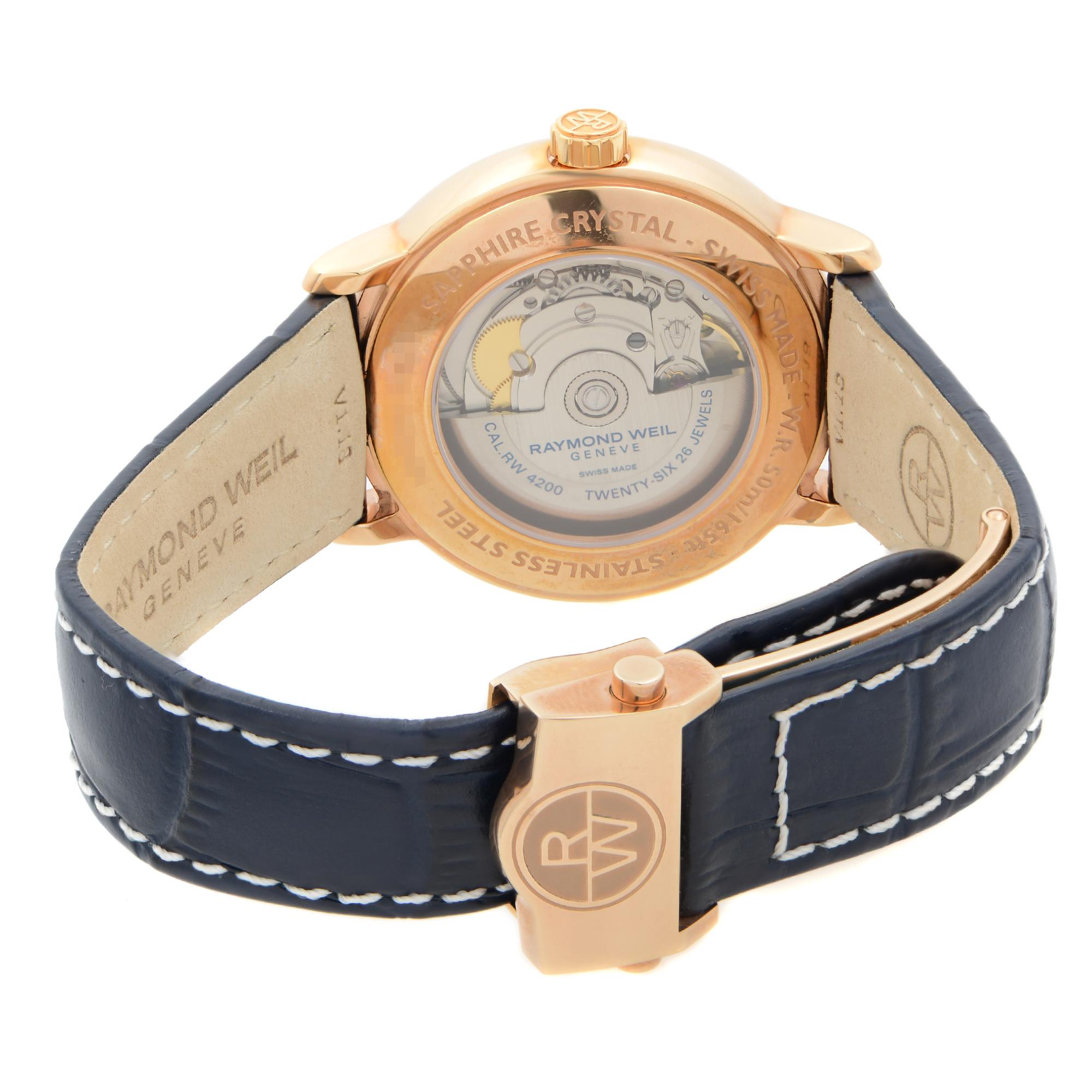 Raymond Weil Maestro Rose Gold PVD Stahl blaues Zifferblatt Herrenuhr 2237-PC5-00508 1