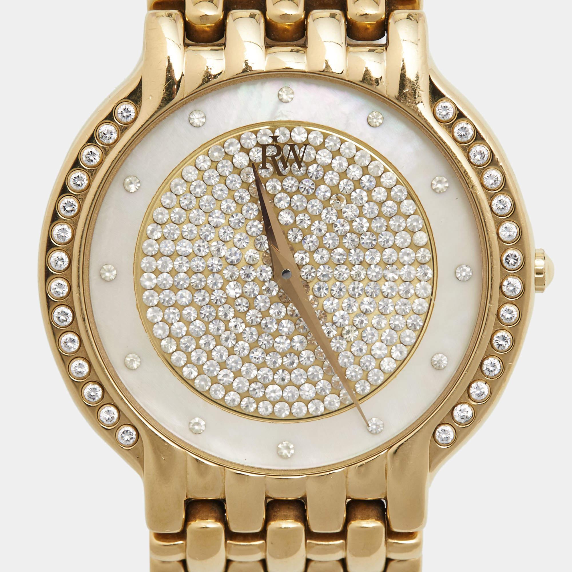 Raymond Weil Mother Of Pearl Crystal Gold Plated 4802 Wristwatch 33 mm In Fair Condition In Dubai, Al Qouz 2