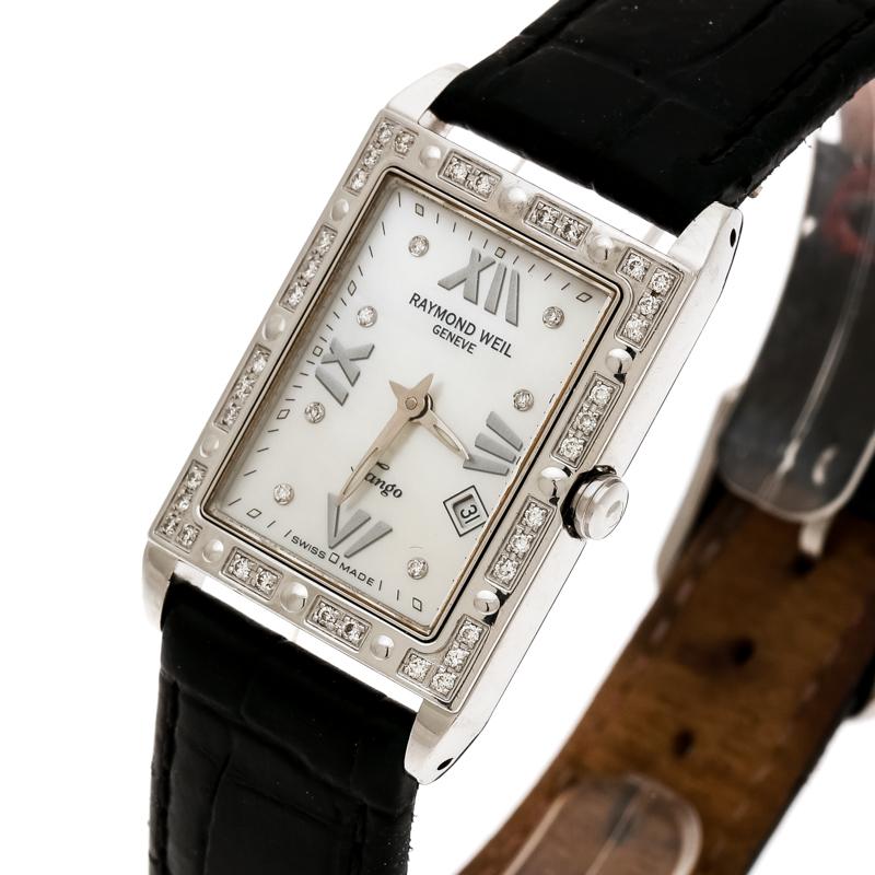 Raymond Weil's Tango watches are an astounding combination of two winning attributes: aesthetic designs and unfaltering functionality. This watch has been crafted from stainless steel with a diamond-studded bezel. The white mother of pearl dial of