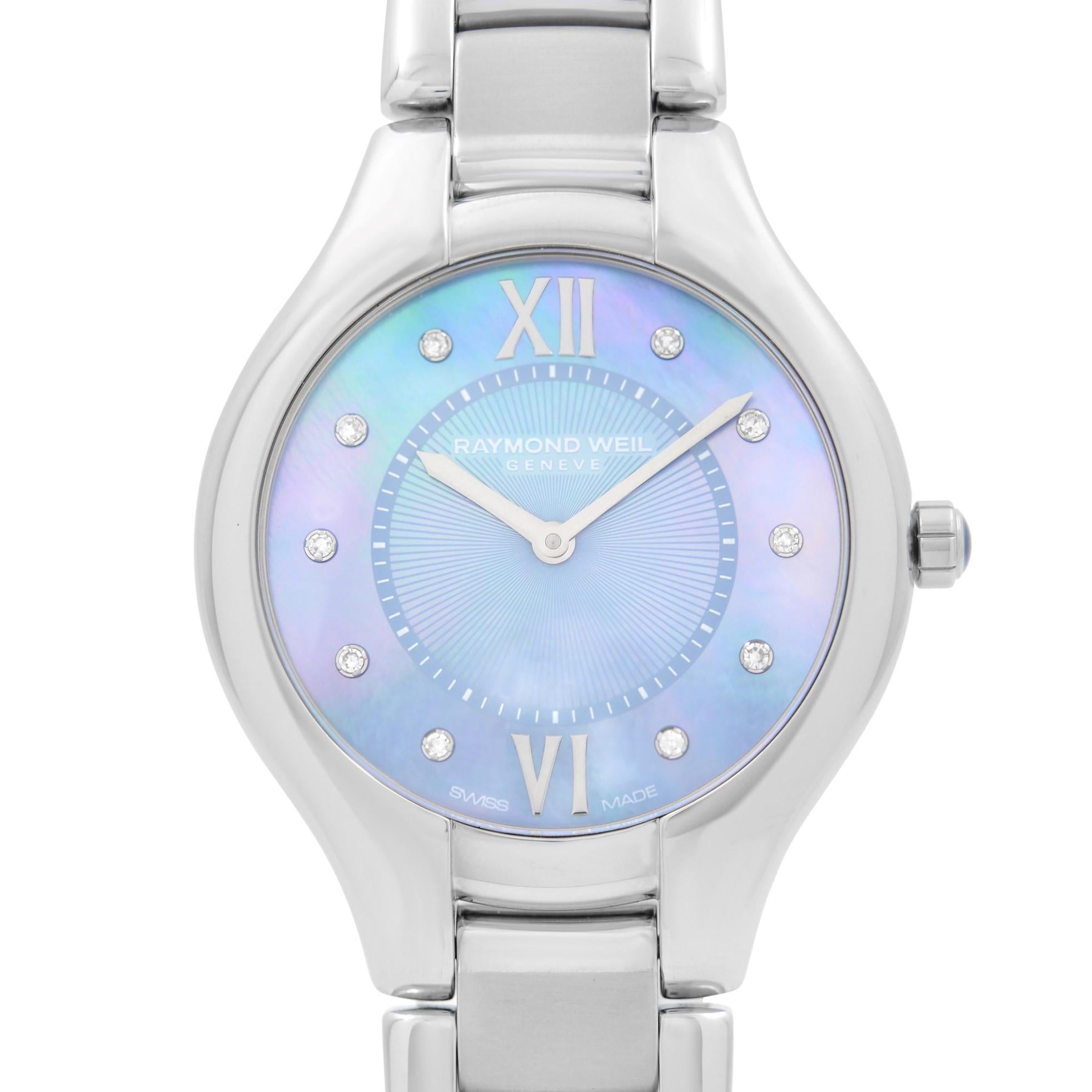 New Raymond Weil Noemia 32mm Steel Diamond Blue MOP Dial Ladies Watch 5132-ST-00955. This Beautiful Timepiece Features: Stainless Steel Case and Bracelet, Fixed Stainless Steel Bezel, Blue Mother-of-Pearl Dial with Silver-Tone Hands, And Diamond and